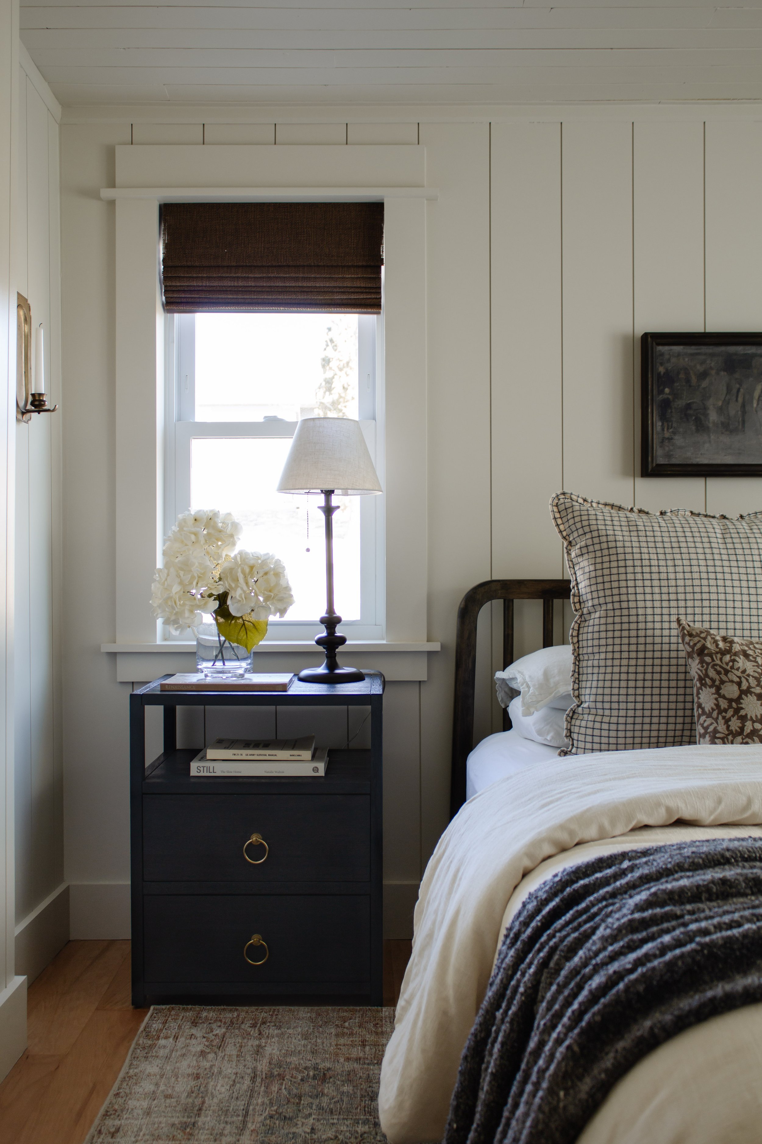 Primary bedroom remodel and makeover. How we turned our tiny bedroom with low ceilings into a cabin oasis. Wood plank ceiling. Vertical shiplap, vertical plank walls. Cabin bedroom. California casual bedroom. Linen bedding & nightstand. Nadine Stay