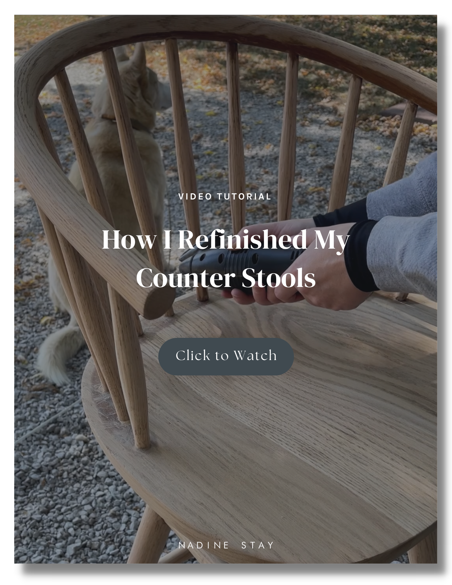 How to refinish oak wood counter stools - Nadine Stay | Furniture flip makeover on three spindle back counter stools. How to make golden oak wood look high end. My favorite dark stain color. Kitchen counter stool inspiration. Modern cabin kitchen.
