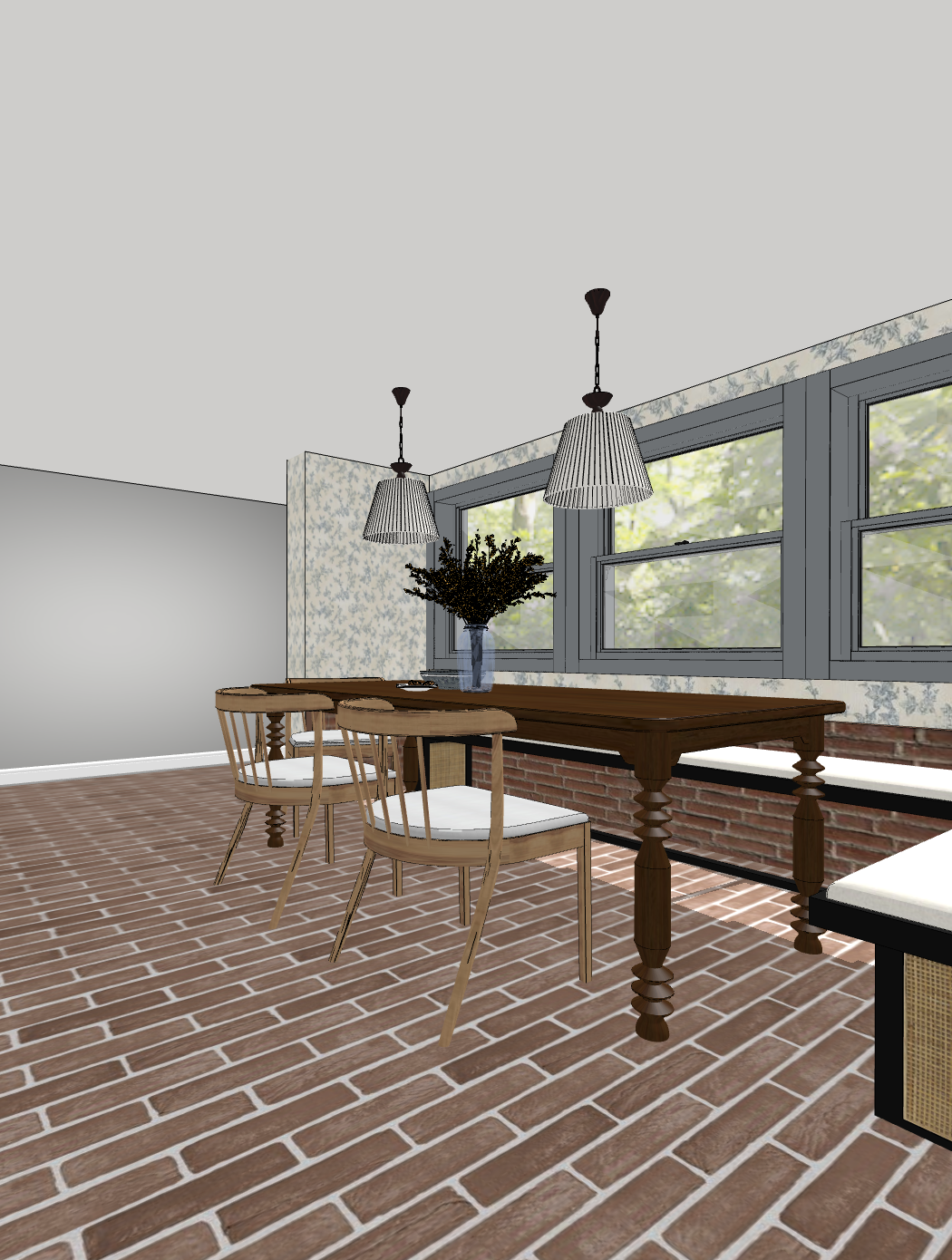 Dear Danica, How to update a breakfast nook without removing the character of our old home. Blue chinoiserie wallpaper. Feminine blue breakfast nook design by Nadine Stay