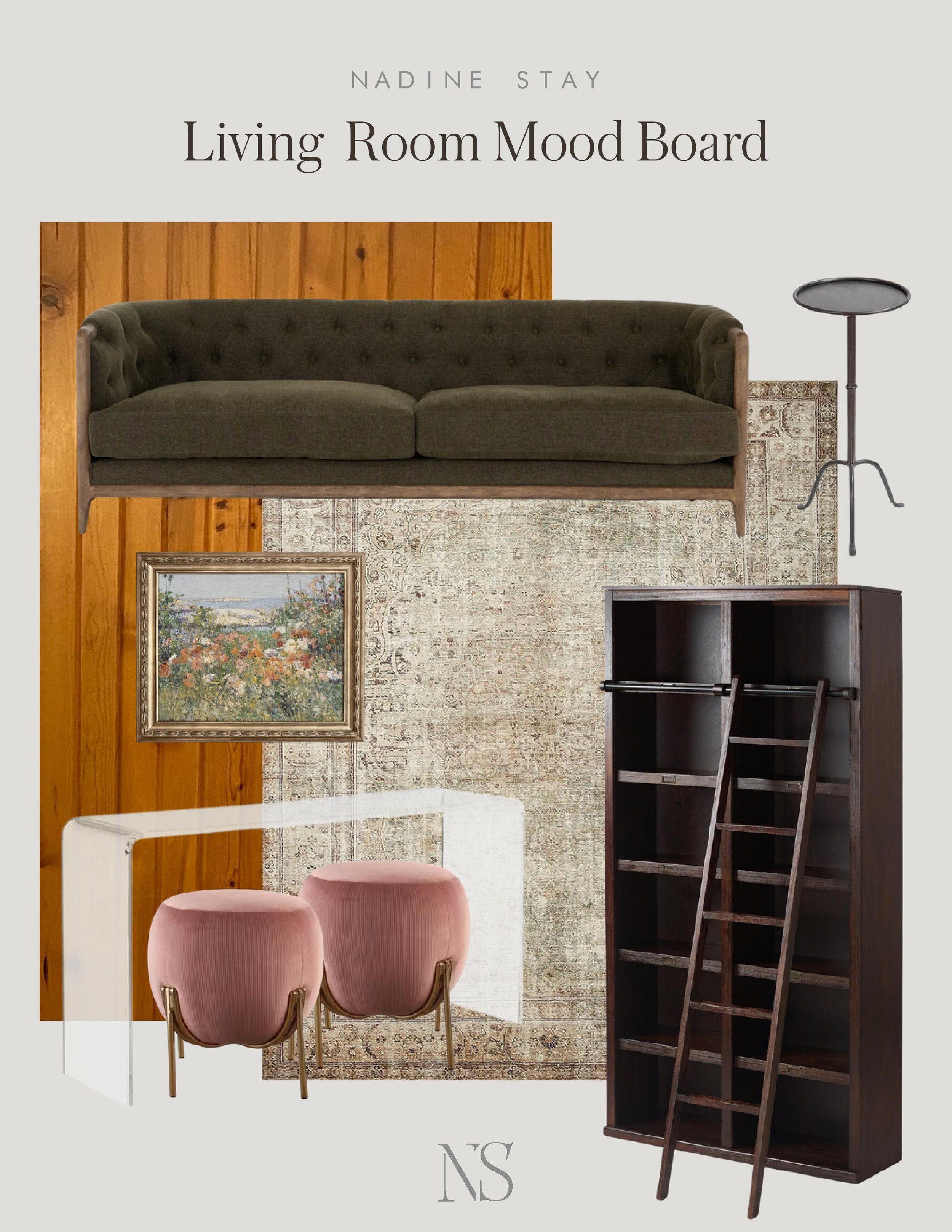 Furniture layout ideas for a tiny living room. Small living room styling ideas. Rustic modern living room design. How to design a small living room. Sage green and dusty pink living room mood board. Rustic, modern living room. Nadine Stay