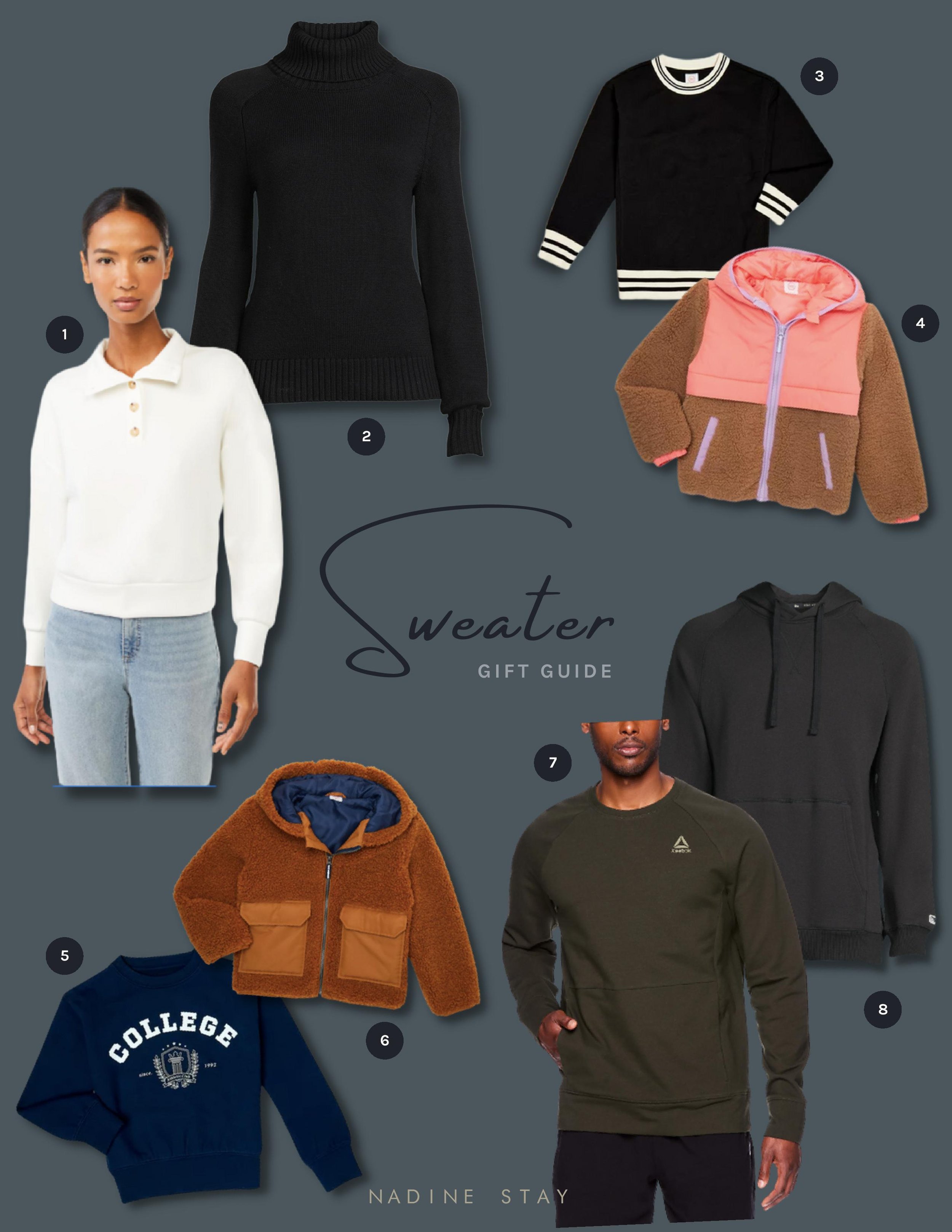 Sweater gift guide - sweaters to gift him, her, girls, boys, and babies. Budget friendly sweaters to gift this holiday. Christmas sweater gift ideas. Teddy jacket, reebok sweater, boys and girls jackets. | Nadine Stay