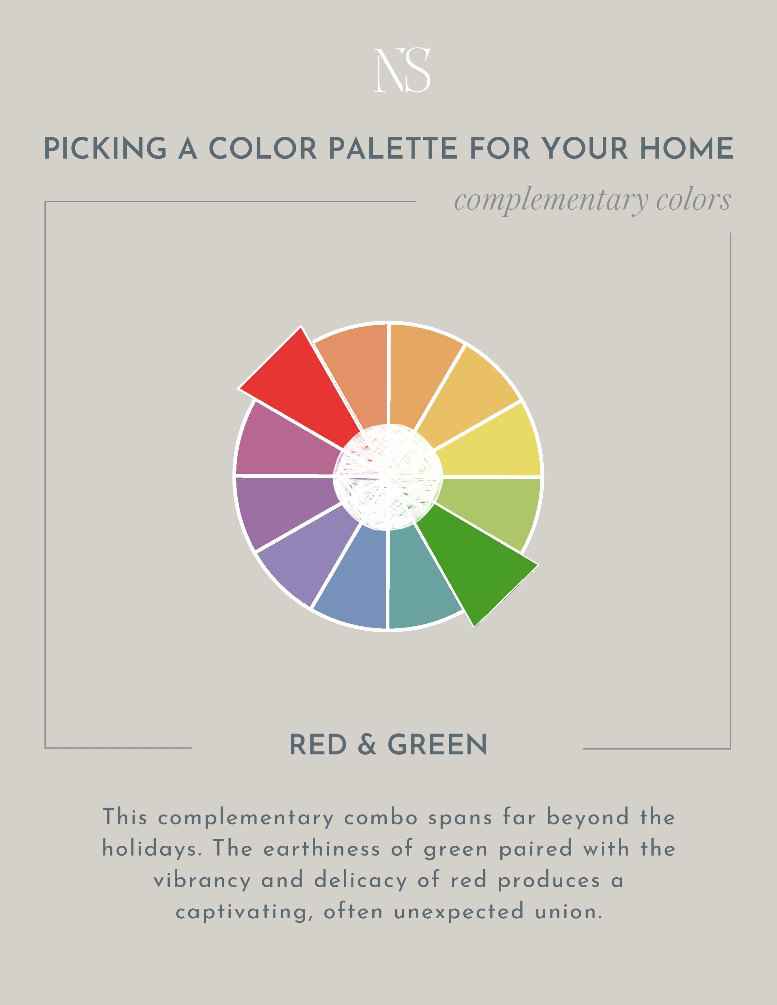 How to pick a color palette for your home. Complementary colors on the color wheel. Blue and orange rooms. Red and green rooms. Purple and yellow rooms. Color scheme tips by Nadine Stay