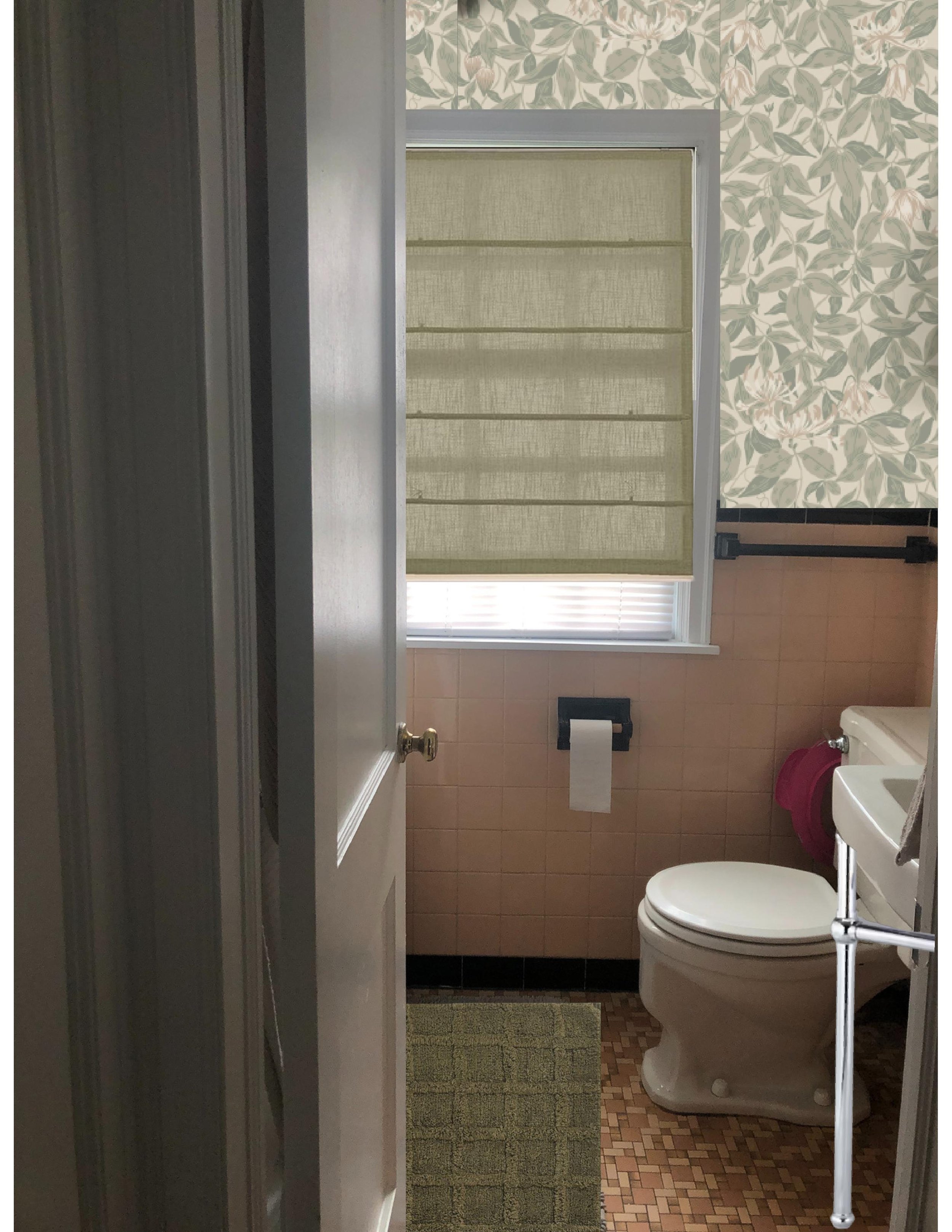 How to update a pink and black retro bathroom without changing the tile. 1920's bathroom makeover with botanical wallpaper, chrome accents, linen roman shades, and an olive green bath mat. | Nadine Stay