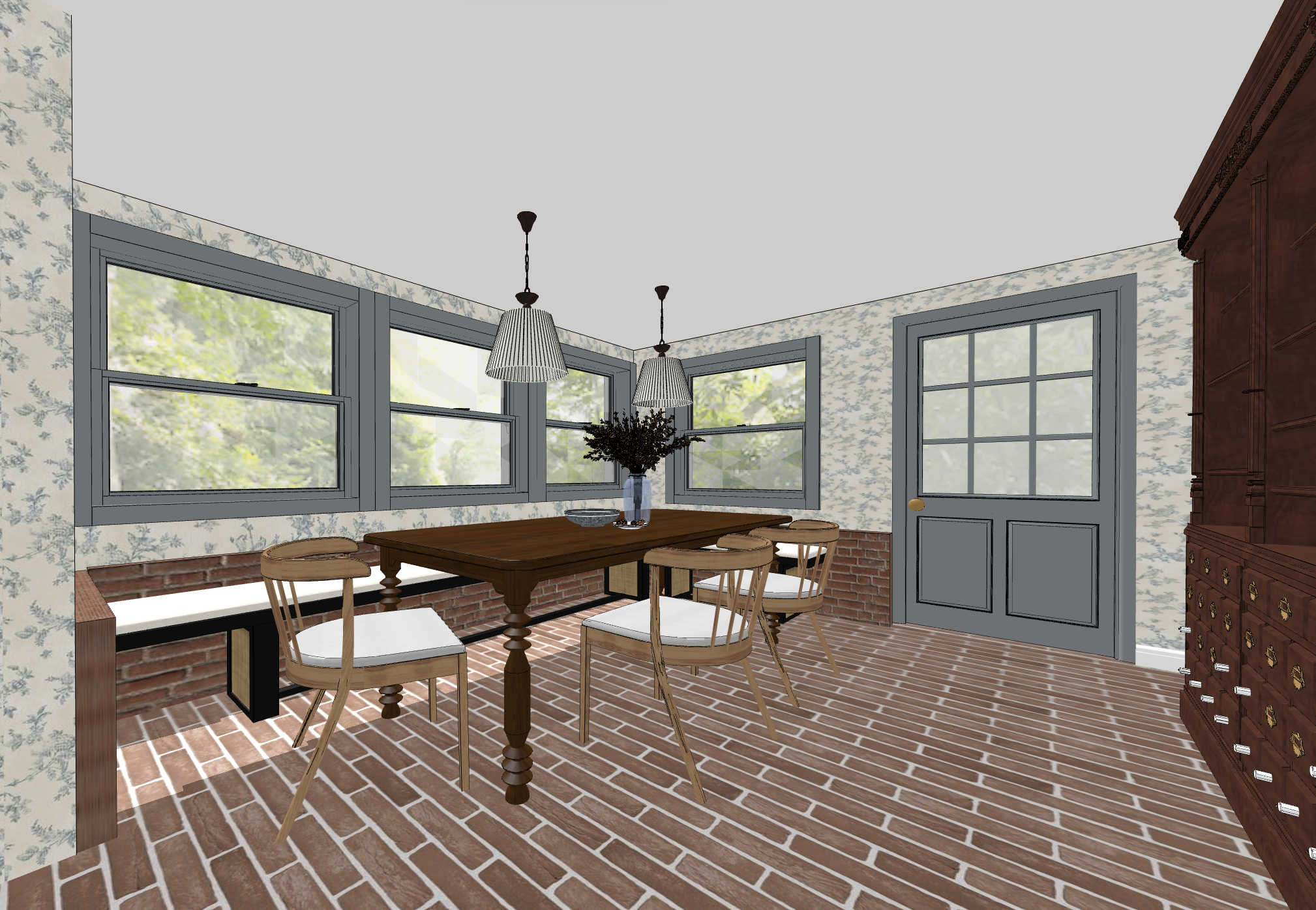 Dear Danica, How to update a breakfast nook without removing the character of our old home. Blue chinoiserie wallpaper. Feminine blue breakfast nook design by Nadine Stay