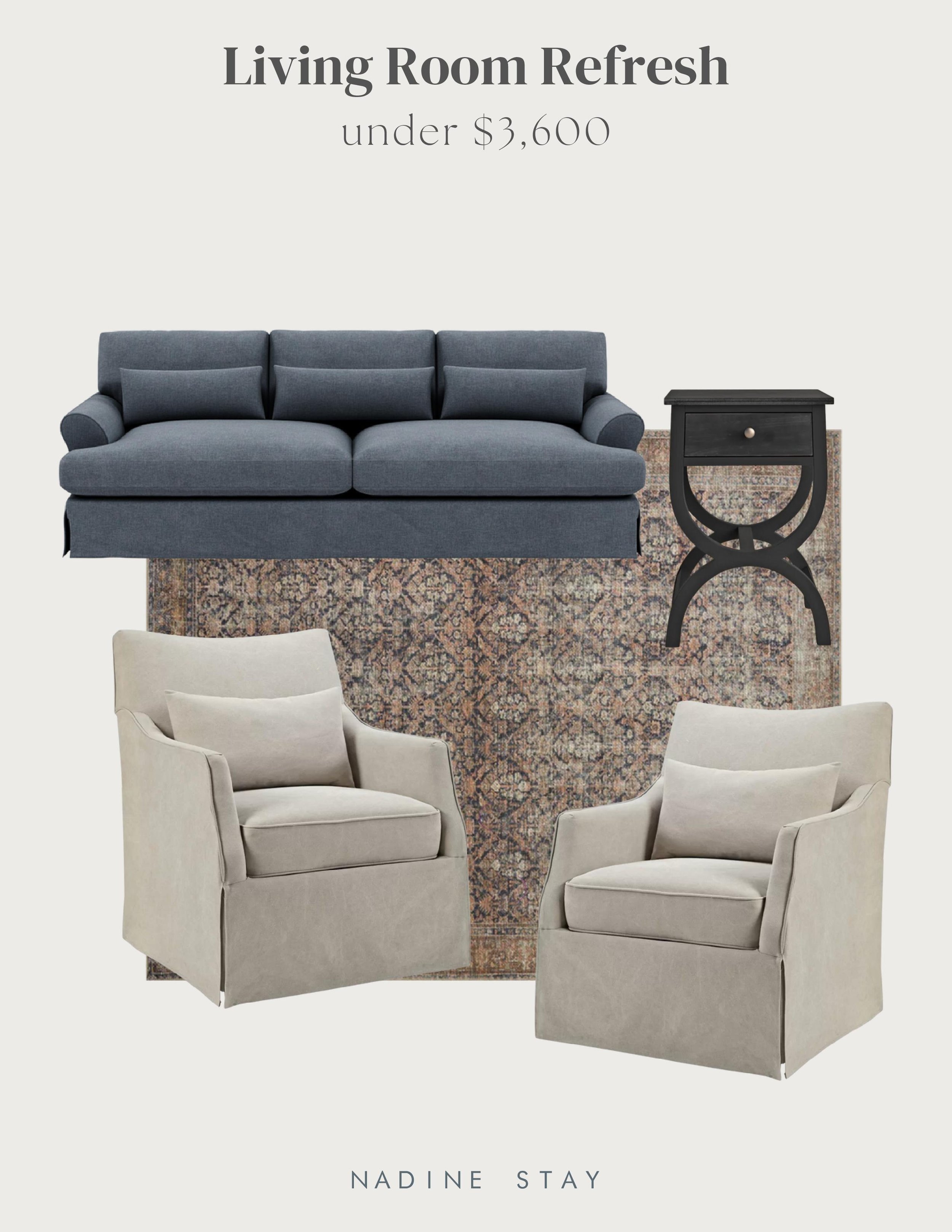 Living Room Refresh Under $5,000 by Nadine Stay | Living room makeover design plan. Blue sofa, dark wood round coffee table. Ivory slipcover armchairs. Billie rug by Amber Interiors x Loloi. California casual living room ideas. Free design plans.