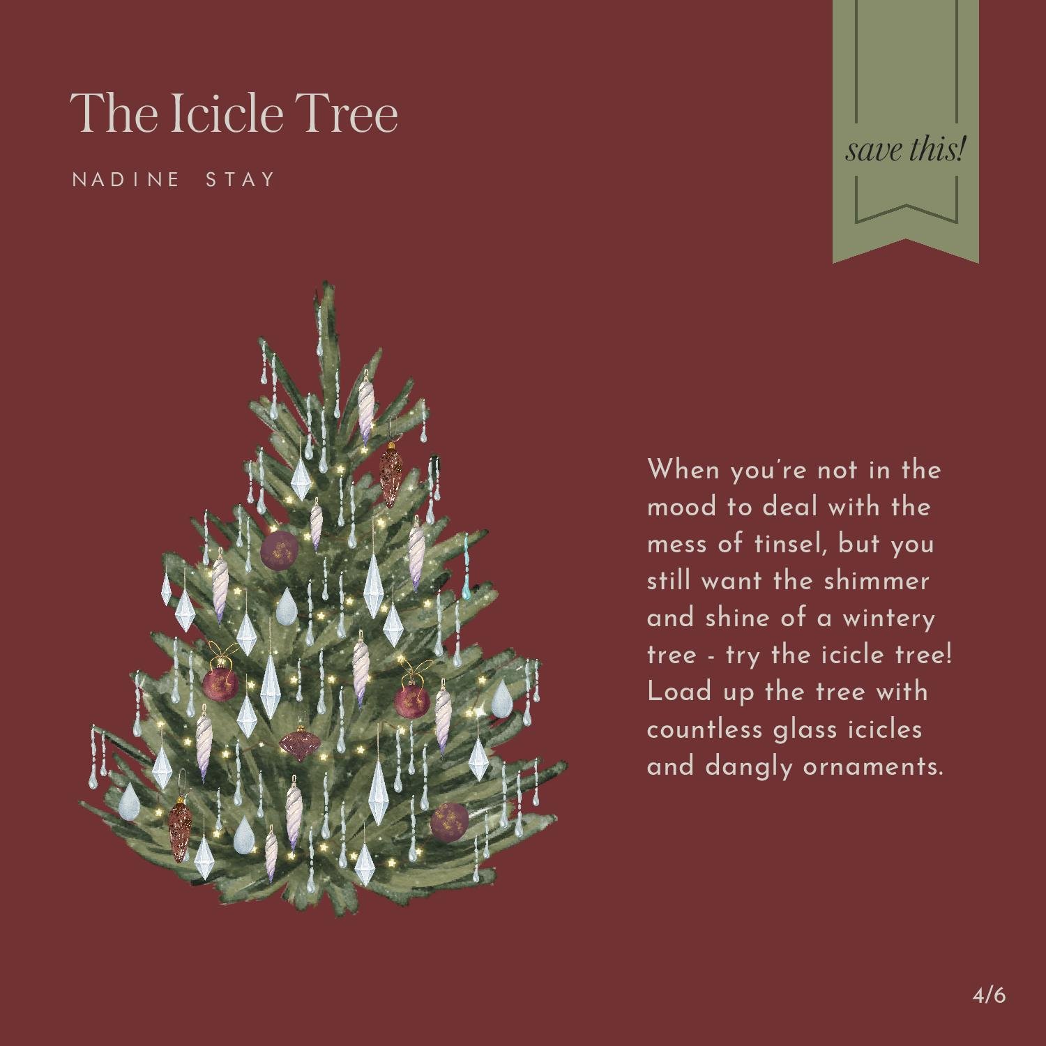 Icicle Christmas tree. Christmas tree decorating styles and ideas. How to decorate your Christmas tree. Fairy twinkle lights. Icicle ornaments. Tinsel Christmas tree. Sparse Charlie Brown Christmas trees. | Nadine Stay