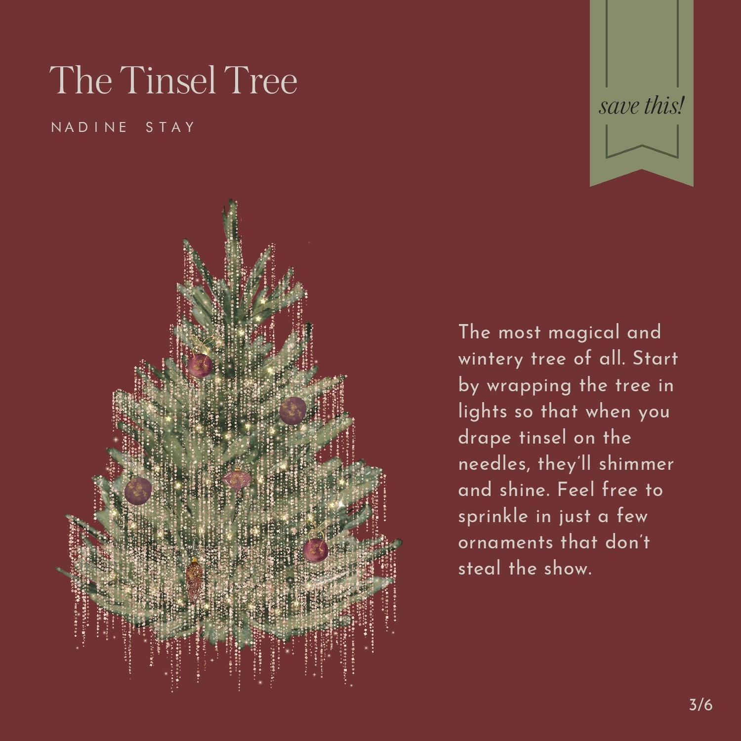 Tinsel Tree. Christmas tree decorating styles and ideas. How to decorate your Christmas tree. Fairy twinkle lights. Icicle ornaments. Tinsel Christmas tree. Sparse Charlie Brown Christmas trees. | Nadine Stay
