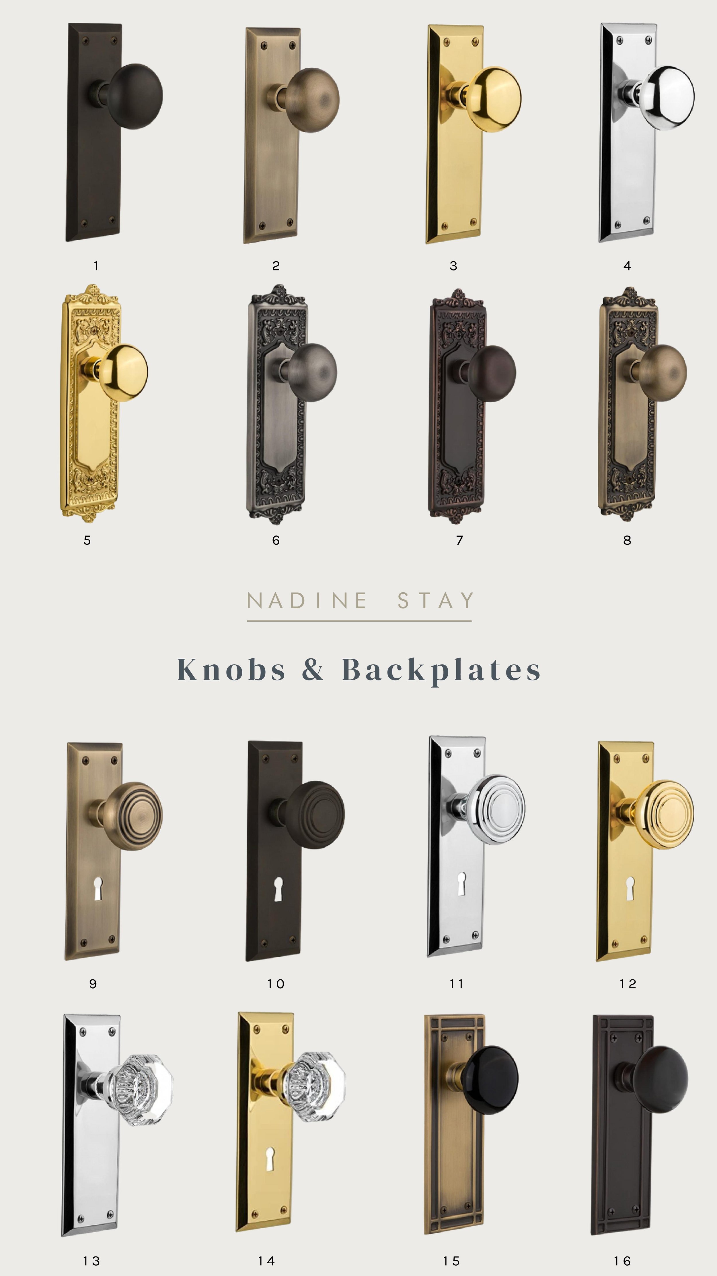 Knobs and backplates for closet doors, bifold doors, and double doors. Antique replica door knobs in antique brass, unlacquered brass, bronze, chrome, nickel, and pewter. | Nadine Stay