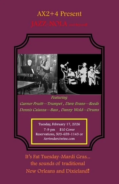 aX2 presents "Jazz-Nola" FAT TUESDAY celebration!  Featuring Barb &amp; Bo Ayars, Garner Pruitt, Dave Evans, Dennis Caiazza, and Danny Wold  .  $10 Cover