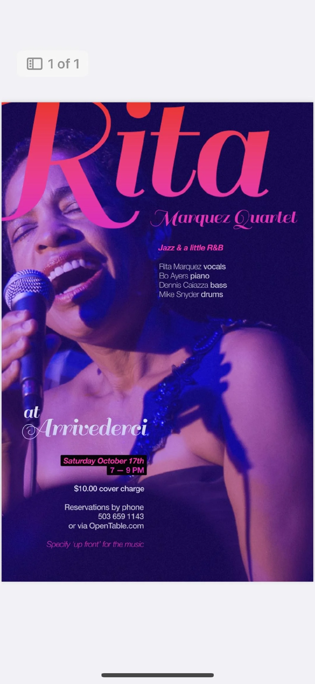 Rita Marquez Quartet with Bo Ayars, Dennis Caiazza and Mike Snyder  .  $10 Cover