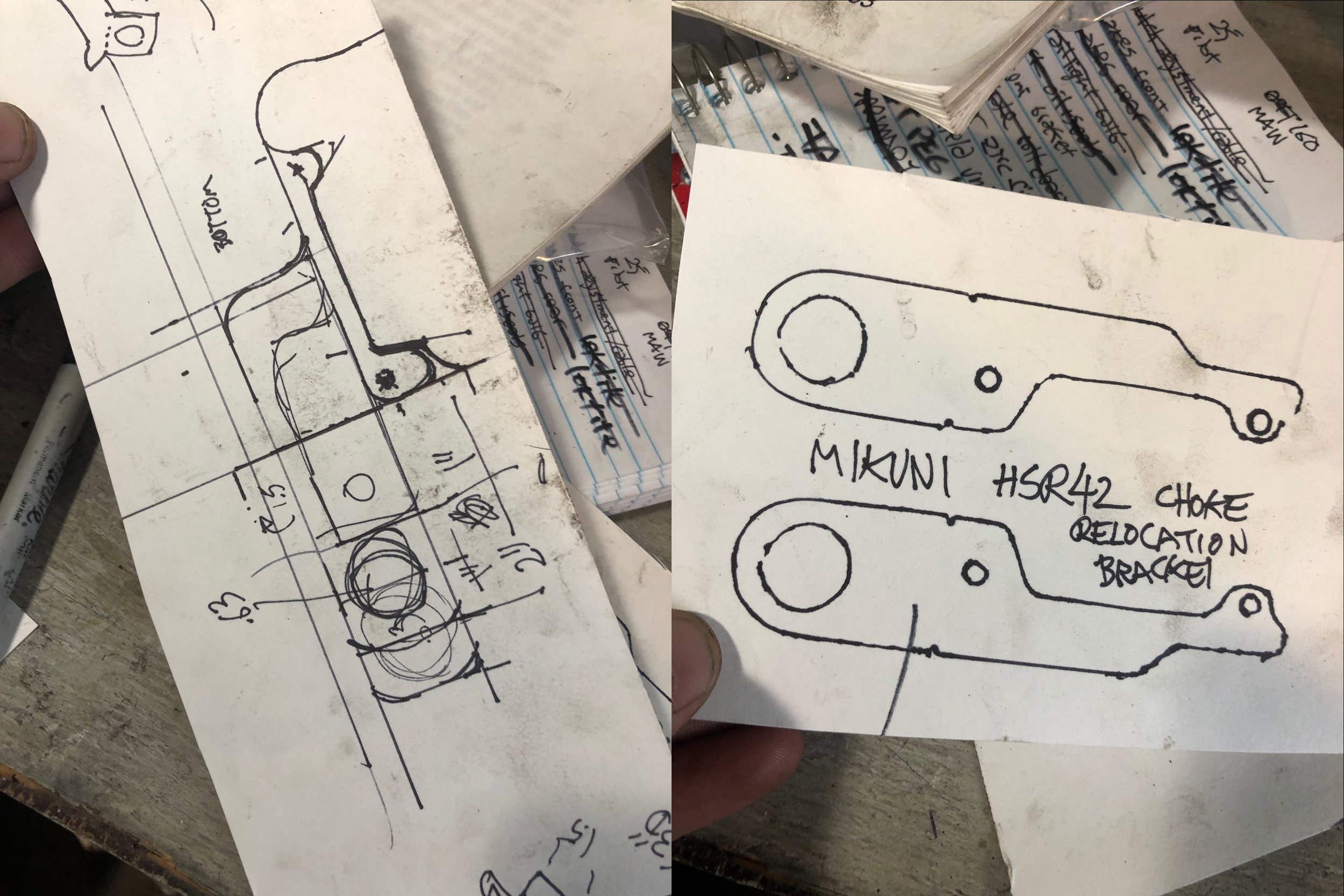  Drawings for a Mikuni HSR42 choke cable relocation bracket.  There are a number of products on the market that do something similar, but none of them work exactly the way I want, and I prefer to solve problems in my own manner. 