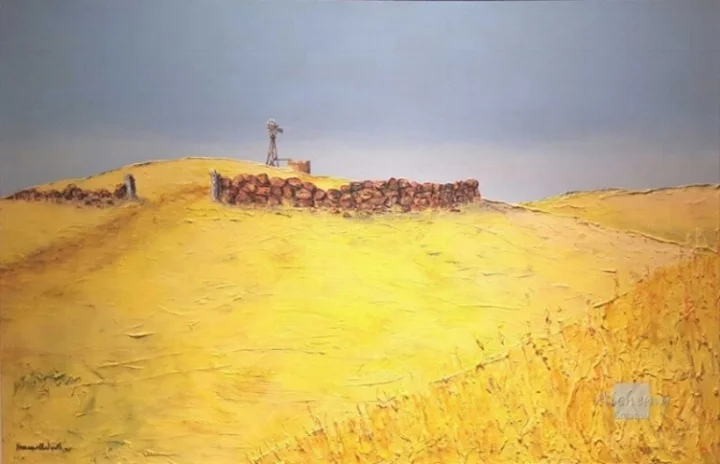 Fence Series - Wall and Windmill - South Australia  1997 900mm x 600mm Oil and acrylic on hardboard