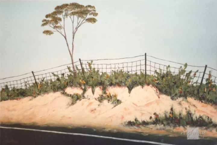 Fences Series - Star Picket and Wire - Eyre Highway  1993 900mm x 600mm Oil and acrylic on hardboard (M.R. Sandeman)