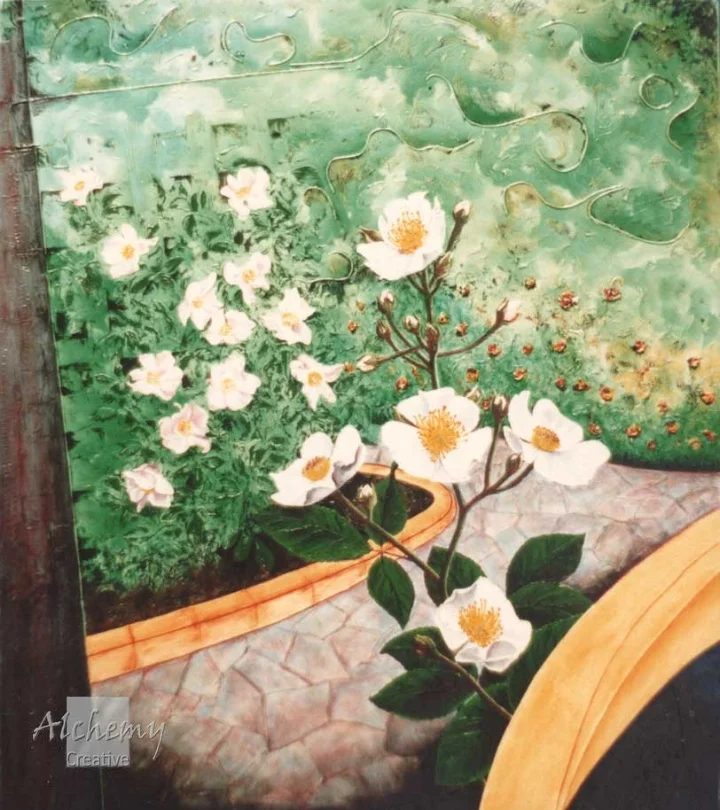 Roses 1 - Innocence  1992 - 93 1200mm x 1350mm Oil, acrylic, string and polyurethane varnish on canvas