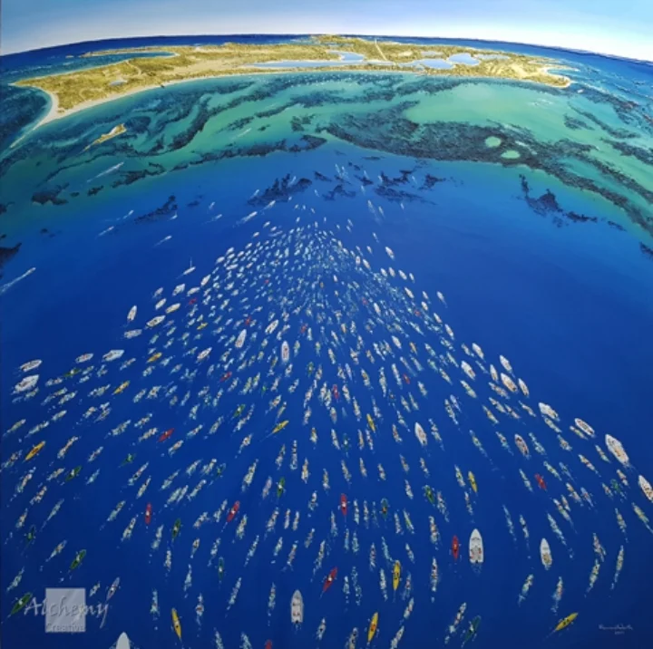 Rottnest Channel Swim  2017 1220mm x 1220mm Oil, acrylic and applied textures on canvas (R. Yip)