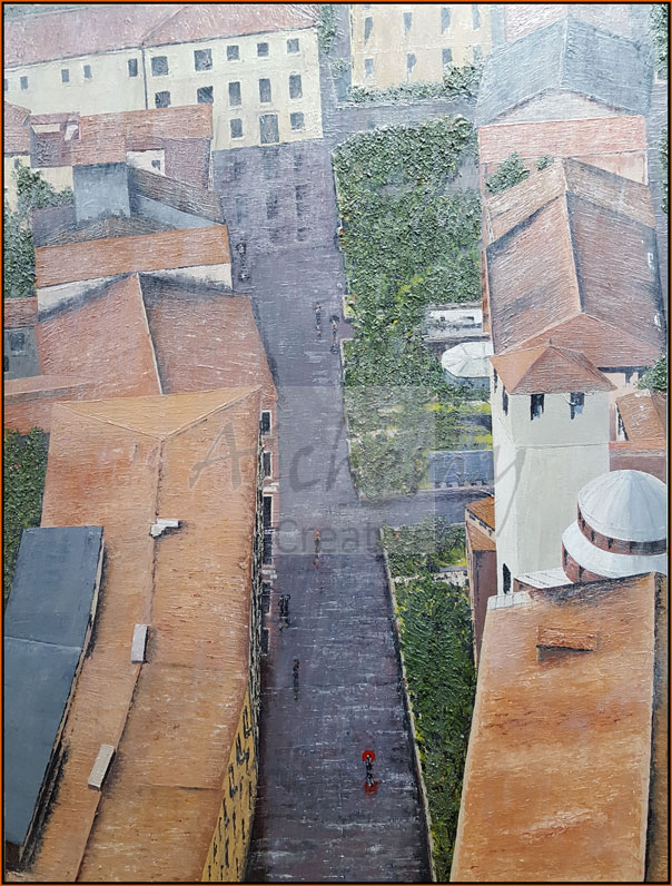 Venice: Red Umbrella 1  2018 813mm x 1070mm Oil and Acrylic with applied textures on canvas