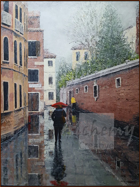 Venice: Red Umbrella 2 813mm x 1070mm Oil and acrylic with applied textures on canvas