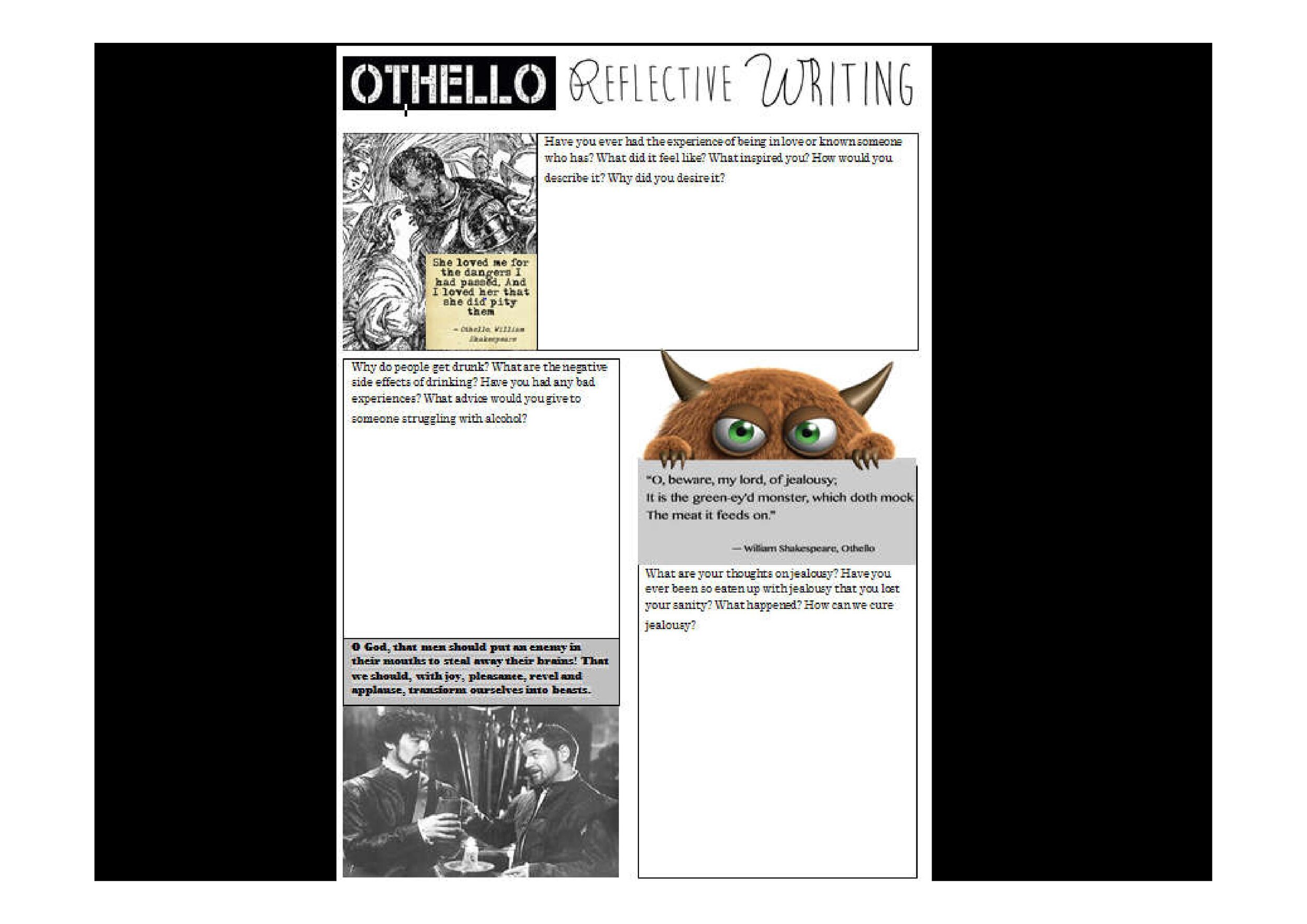  Reflective writing based on Othello: being in love; drinking and peer pressure; jealousy 