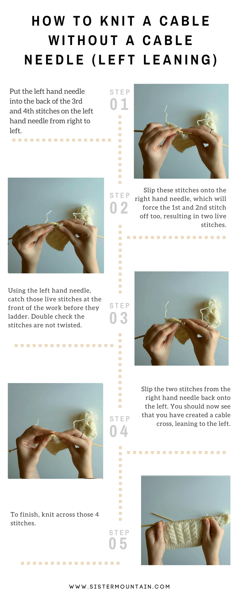 How to knit the Cable Stitch without a cable needle (Step-by-step