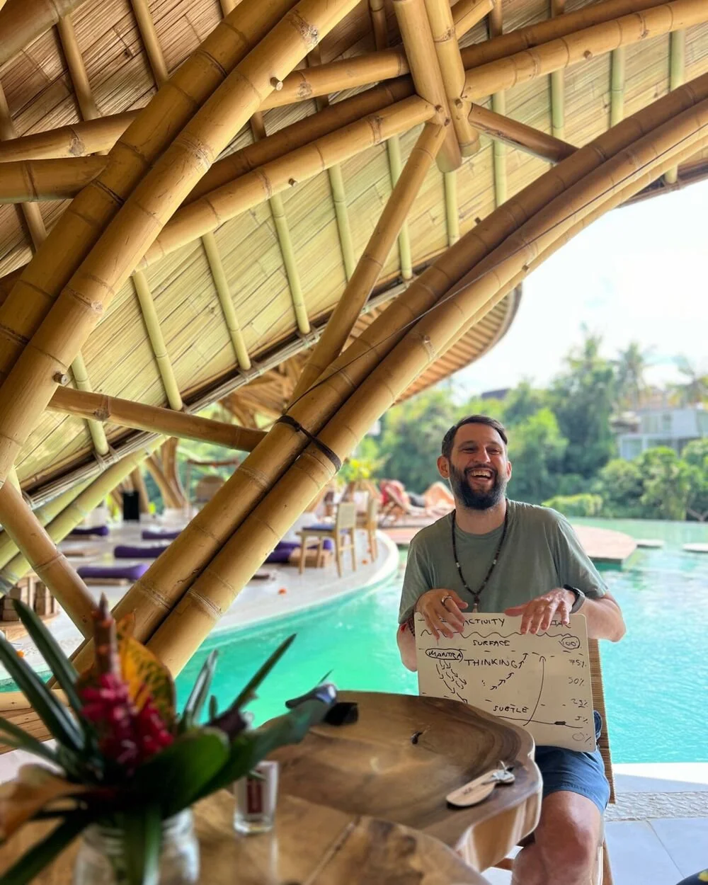 A man smiling and holding a diagram at a tropical poolside setting with bamboo structures and lush greenery in the background.