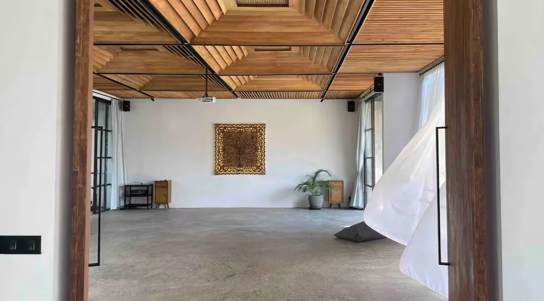 Empty room with wooden ceiling, white walls, and floor-to-ceiling windows with curtains, decorated with a framed artwork, a potted plant, and some furniture.