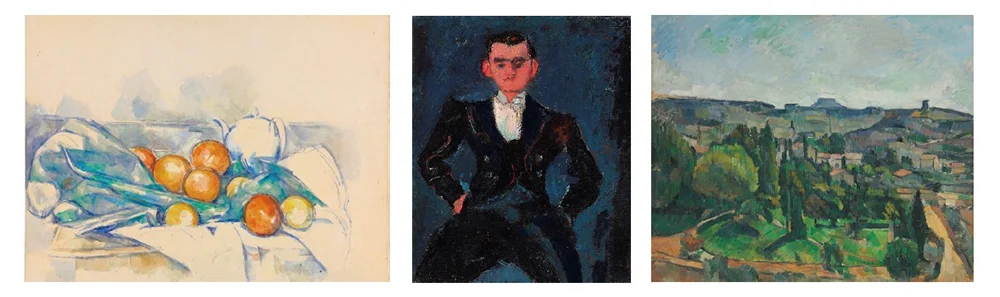 LEFT: Paul Cézanne (1839-1906), Théière et oranges (La Nappe), circa 1895-1900 (estimate: $8,000,000-12,000,000) CENTER: Chaim Soutine (1893-1943) Le garçon d’étage, circa 1928 (estimate: $6,000,000-9,000,000) RIGHT: Paul Cézanne (1839-1906), Paysage avec route et clocher (Île de France près de Melun), 1879-1880 (estimate: $10,000,000-15,000,000)