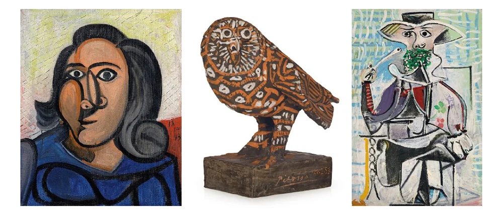 LEFT: Pablo Picasso (1881-1973), Tête de femme (Dora Maar), 1943 (estimate: $9,000,000-12,000,000) CENTER: Pablo Picasso (1881-1973), Le hibou (rouge et blanc), 1953 (estimate: $1,000,000-1,500,000) RIGHT: Pablo Picasso (1881-1973), Homme à la pipe, 1969 (estimate: $15,000,000-20,000,000)