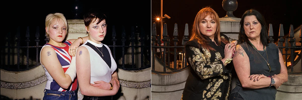 Carrie Kirkpatrick (left) and Gill Soper outside the toilets in Crystal Palace, London in November 1980 and April 2017.