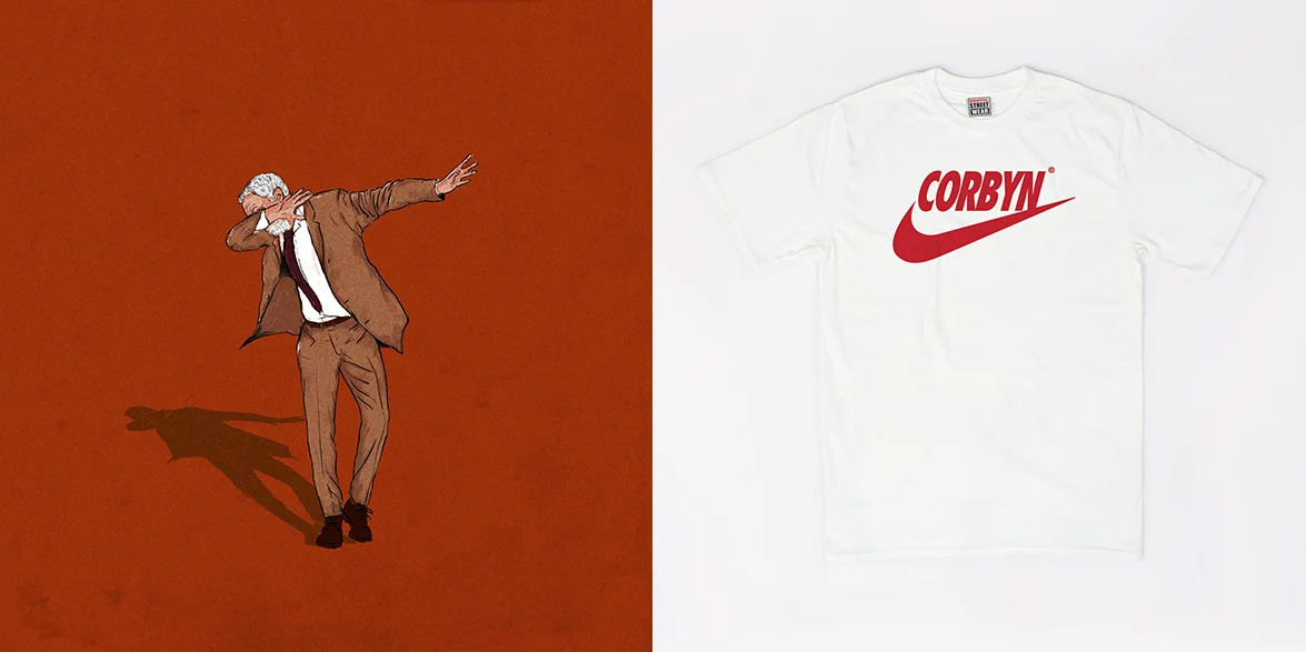 Corbyn Dabbing- credit Reuben Dangoor (left) Corbyn Swoosh - credit Bristol Street War (right)