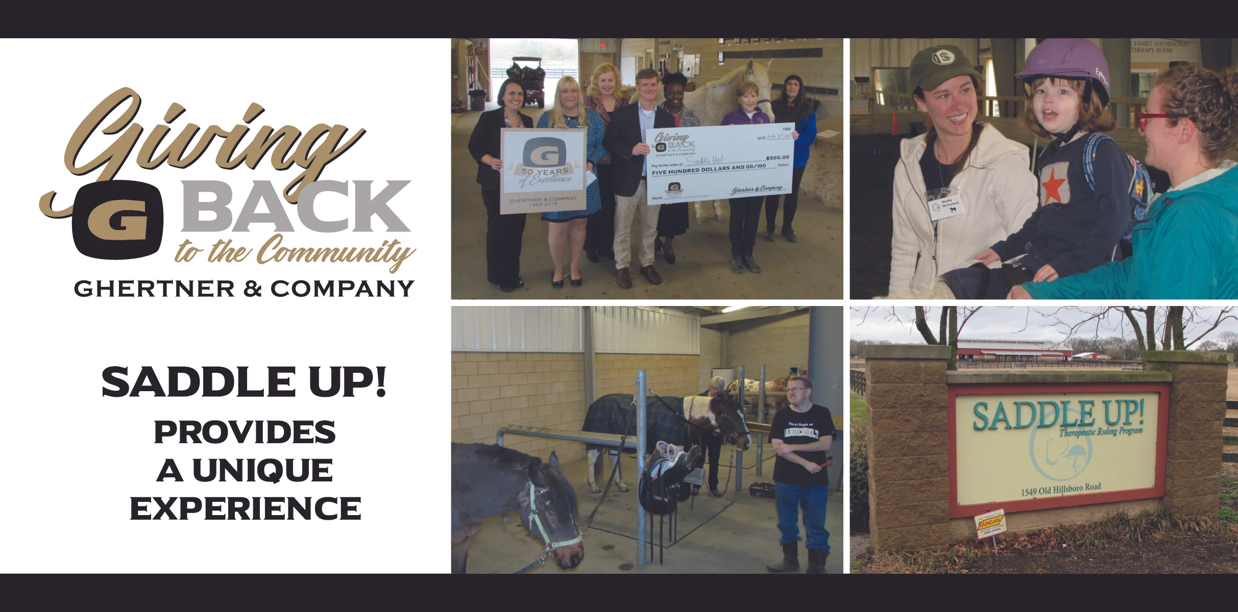 Pictured in the check presentation are Ghertner & Company managers and leadership associates: Kim Basham, Jaye Kloss, Elecia Beard, Scott Ghertner (Co-President) and Deborah Wallace. Receiving the donation are Tina Carpenter, Saddle Up! Development Coordinator and Rachel Brenner, Ghertner & Company accounting associate and Saddle Up! volunteer.