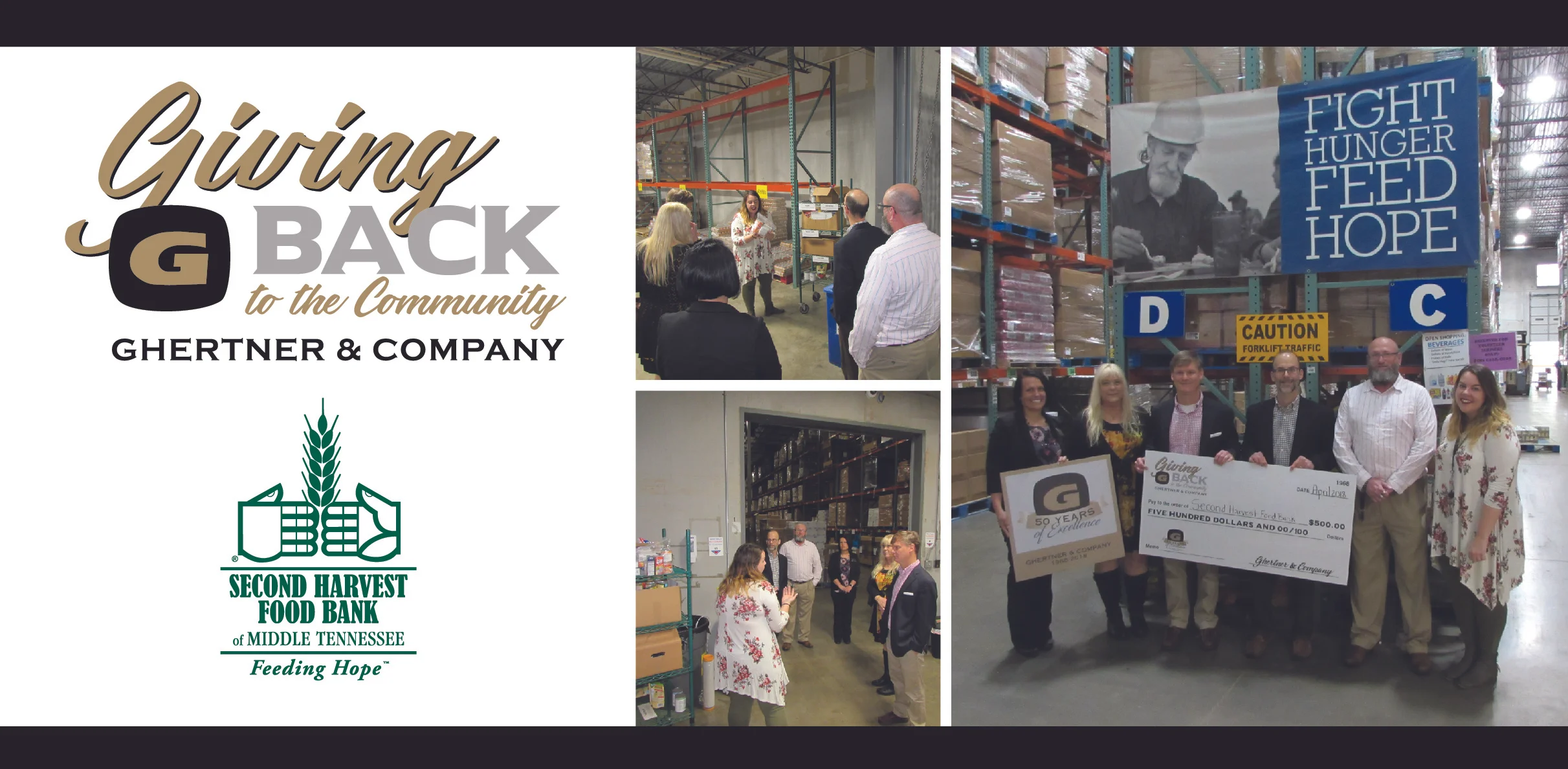 Receiving the check on behalf of Second Harvest Food Bank is Shelby Huggins, Coordinator of Events and Community Relations, from Scott Ghertner and Steve Ghertner, Co-Presidents of Ghertner & Company. Others pictured are Ghertner & Company Associates Kim Basham, Jaye Kloss and Russell Baltz.
