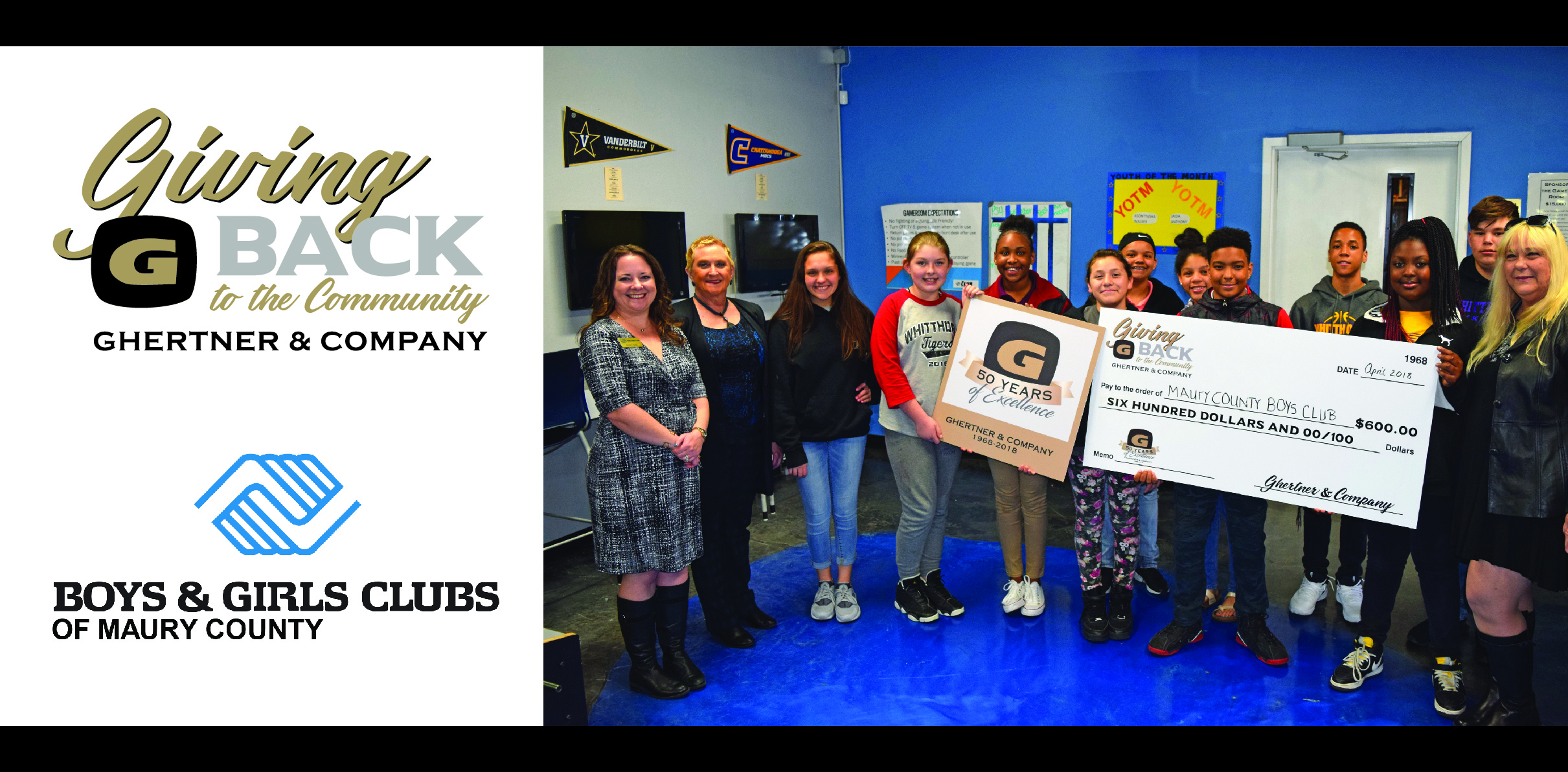   Stacy Adams, Ghertner & Company Director of Human Resources and Jaye Kloss, Ghertner & Company Director of Compliance and Training presented the check to this eager group of young people and staff.   