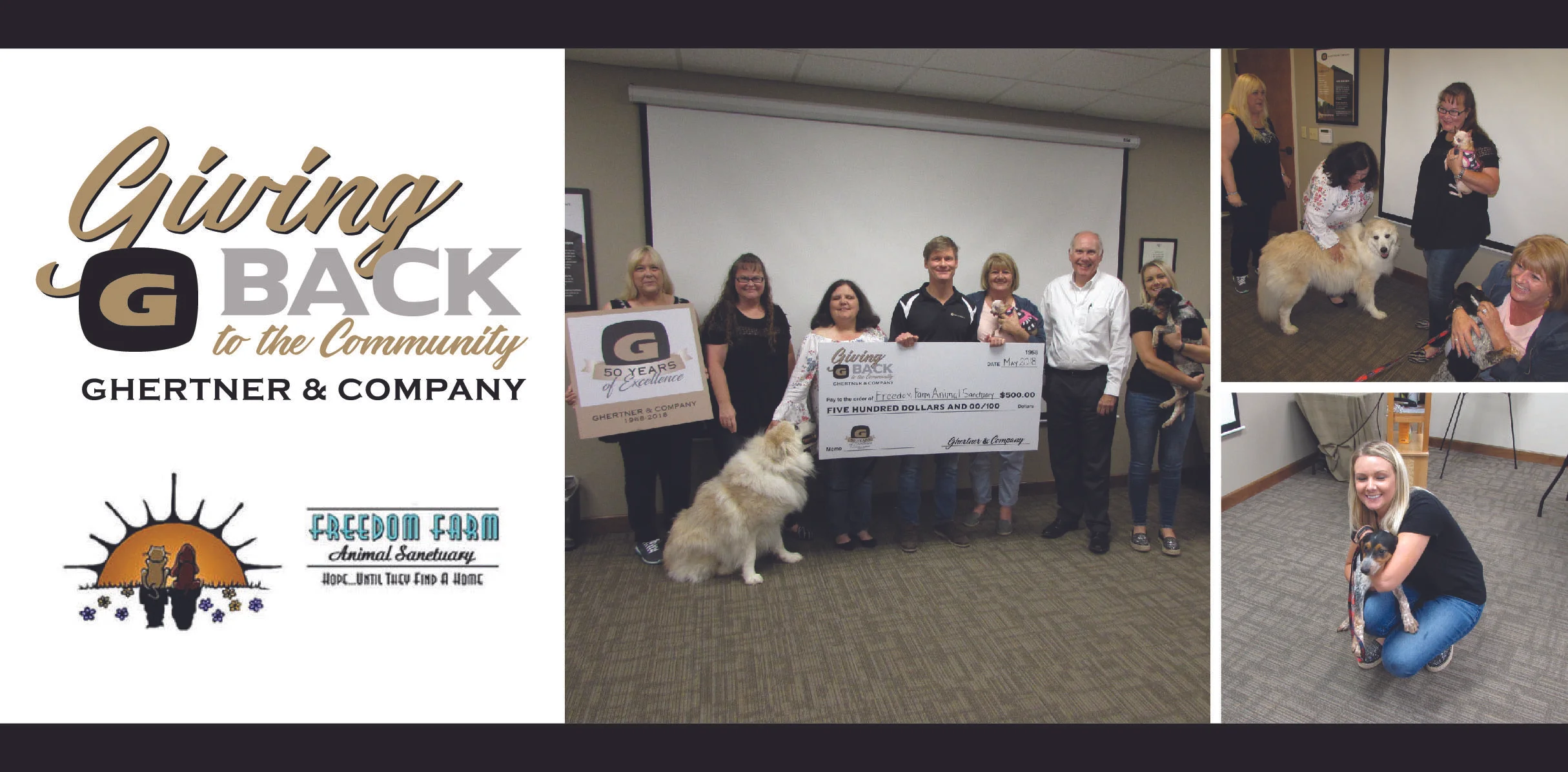 Receiving the check on behalf of the Freedom Farm Animal Sanctuary is Kim Patton (second from the left) from Scott Ghertner, Co-President of Ghertner & Company. Other Ghertner & Company associates in attendance were Jaye Kloss, Stephanie Gray, Janine Mathews, Henry Puckett and Danielle Hayes.