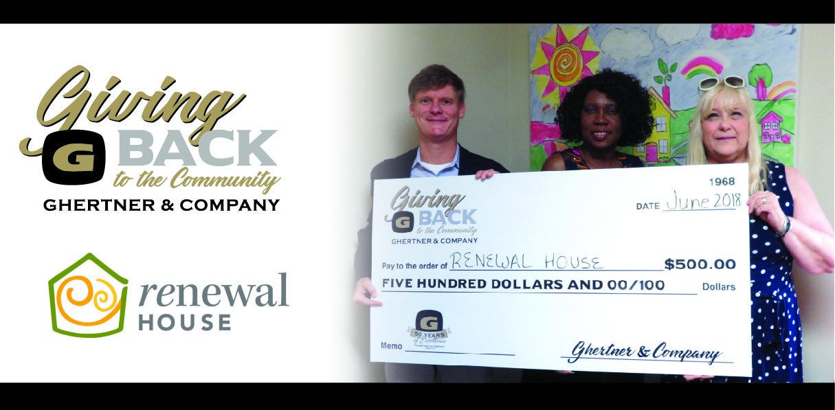 Receiving the check on behalf of Renewal House is Pamela Sessions (center) from Scott Ghertner, Co-President of Ghertner & Company and Jaye Kloss, Director of Compliance and Training at Ghertner & Company.