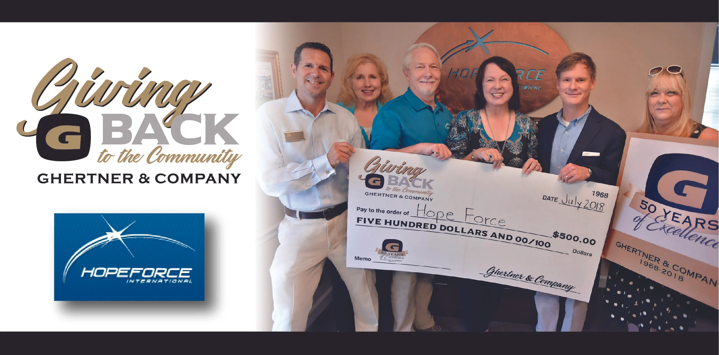   Hope Force International founders Jack and Cherie Minton receive the donation from Scott Ghertner, Co-President of Ghertner & Company.&nbsp; Also present are Ghertner & Company associates John Knouff, Elecia Beard and Jaye Kloss.&nbsp;&nbsp; &nbsp;  