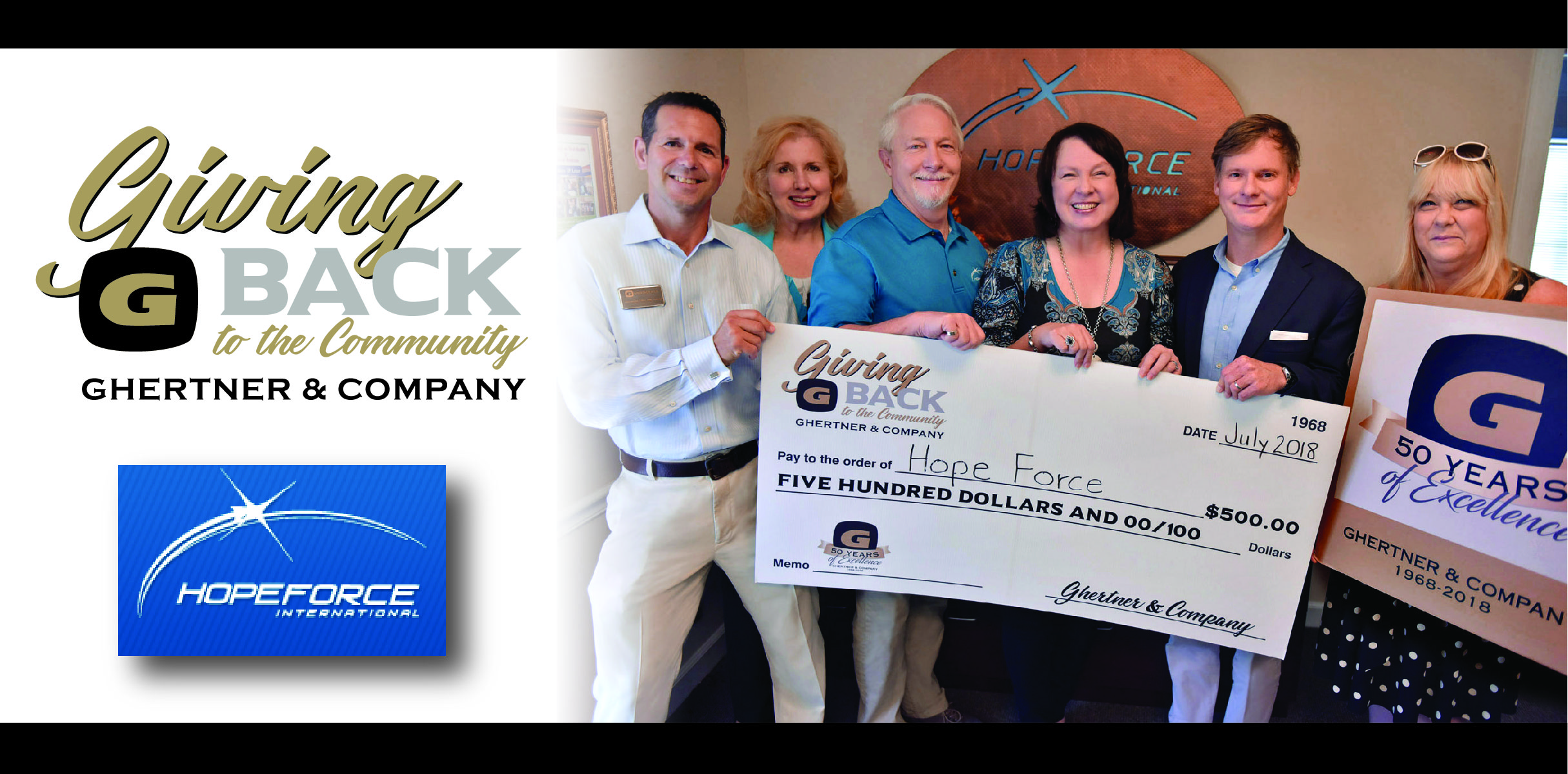 Hope Force International founders Jack and Cherie Minton receive the donation from Scott Ghertner, Co-President of Ghertner & Company. Also present are Ghertner & Company associates John Knouff, Elecia Beard and Jaye Kloss. 
