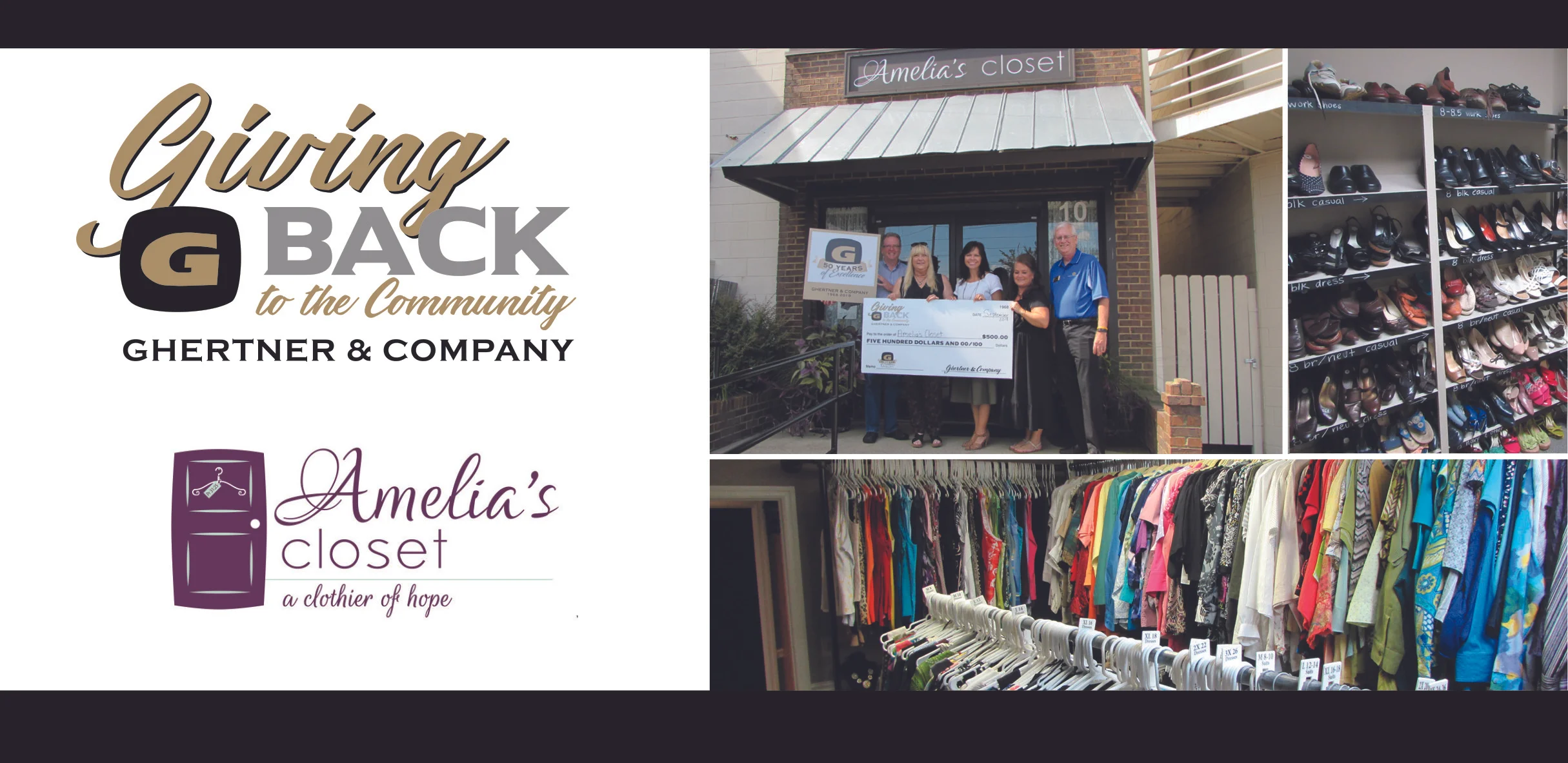 Pictured at the check presentation are Ghertner & Company associates Michael Ryckeley, Jaye Kloss and Bob Welborn with Amelia’s Closet founder Jody Powers and treasurer Gwen Turner.