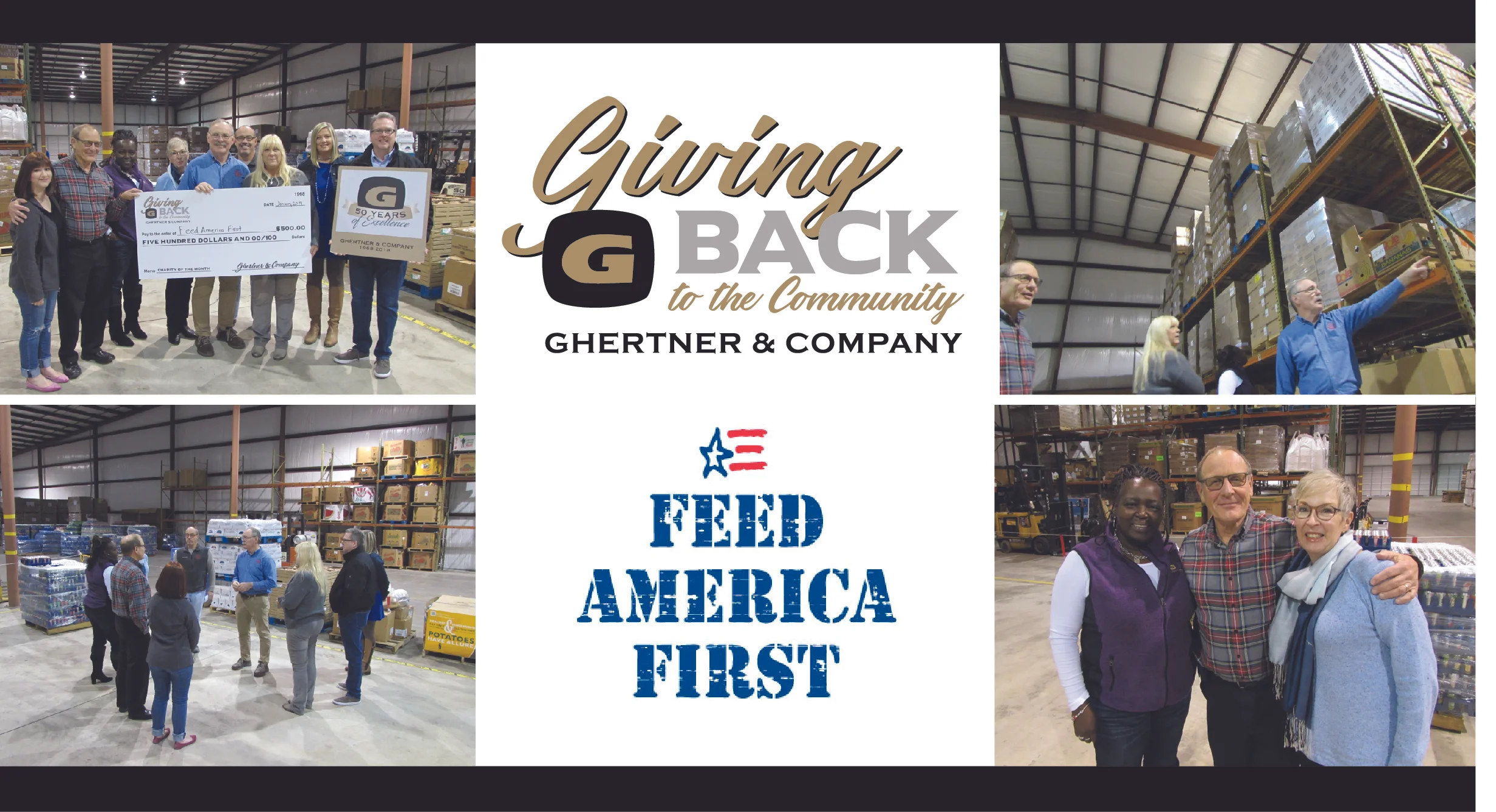 Receiving the check on behalf of Feed America First is Tom Henry, Founder and Co-Executive Director and Dave Speer, Board President. Jan Speer, Dave’s wife, is the board president at Willow Springs, a Ghertner & Company managed property. Ghertner & Company team members pictured are Deborah Wallace, Jaye Kloss, and Michael Ryckeley.