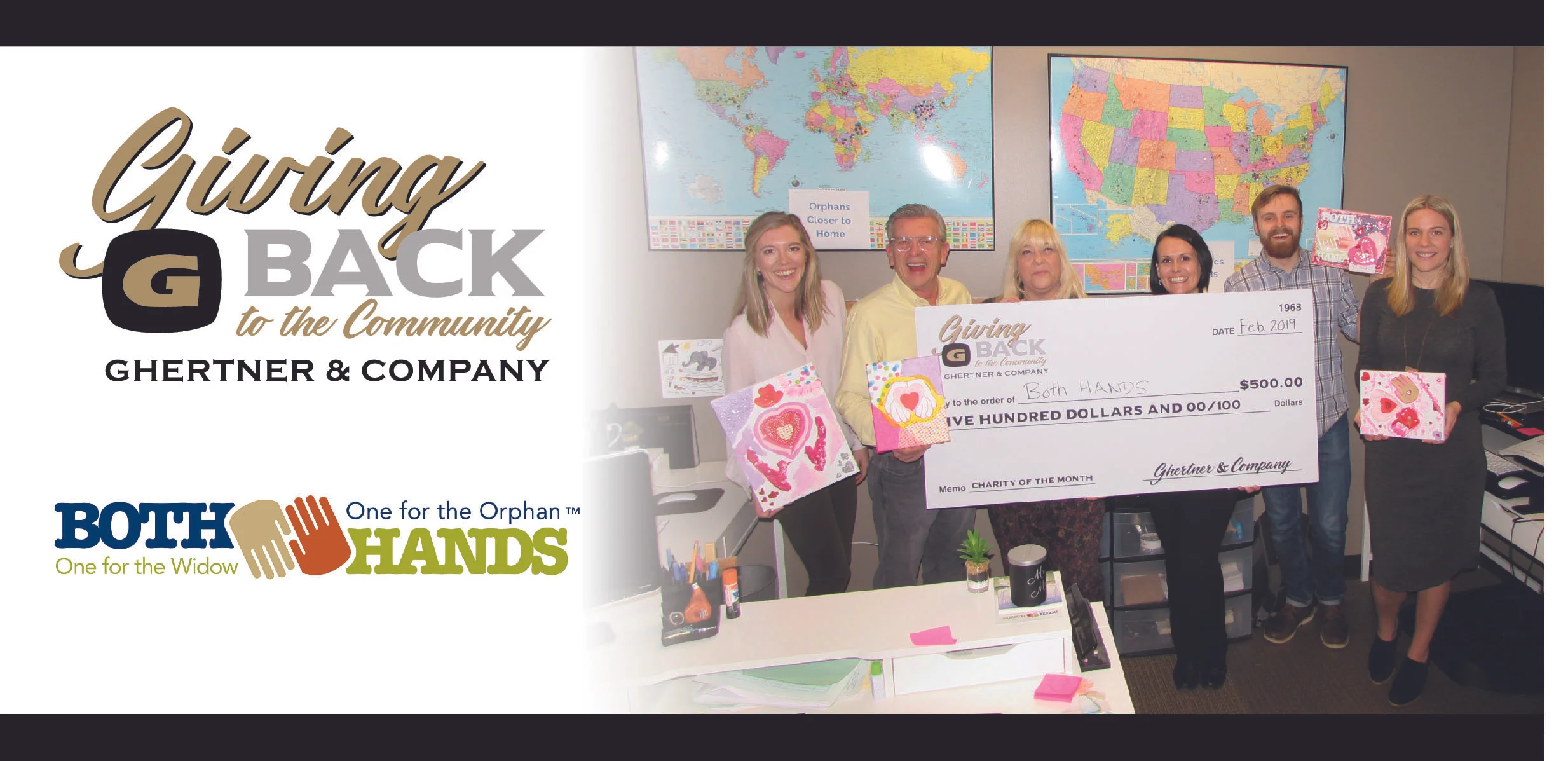   Pictured at the check presentation are Both Hands team members Bethany Purdy, Founder JT Olson, John Ericson and Aimee Sipe. Ghertner & Company associates present were Jaye Kloss and Kim Maynord (centered behind the check). In an effort to support organizations within the Middle Tennessee that are making a difference, Ghertner & Company is providing a $500 donation.  