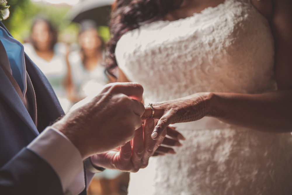 Groom puts wedding ring on bride's finger