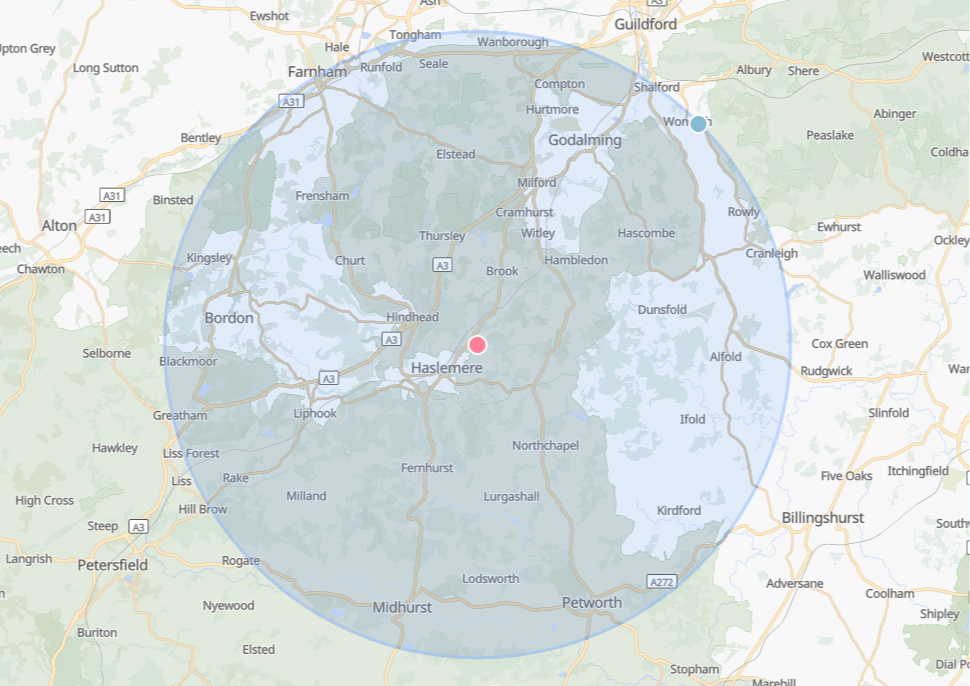 Map of Saville Construction's Surrey, Hampshire & West Sussex coverage area, including Haslemere, Godalming, Petworth and Midhurst