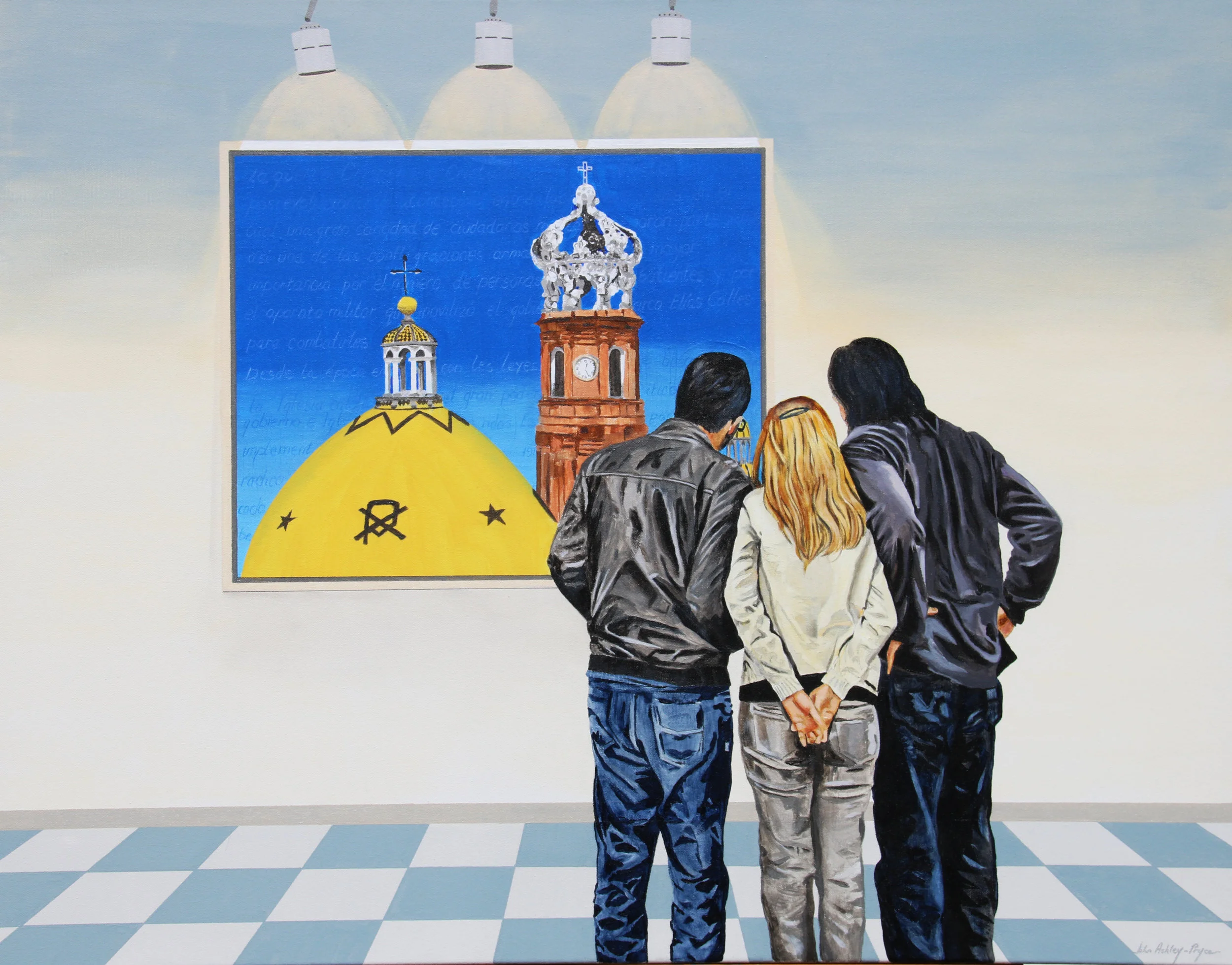 South Side Shuffle , Puerto Vallarta Mexico Visitors viewing the painting “Our Lady of Guadalupe” at PV’s South Side Shuffle. Acrylic on Canvas, 70cm x 90cm