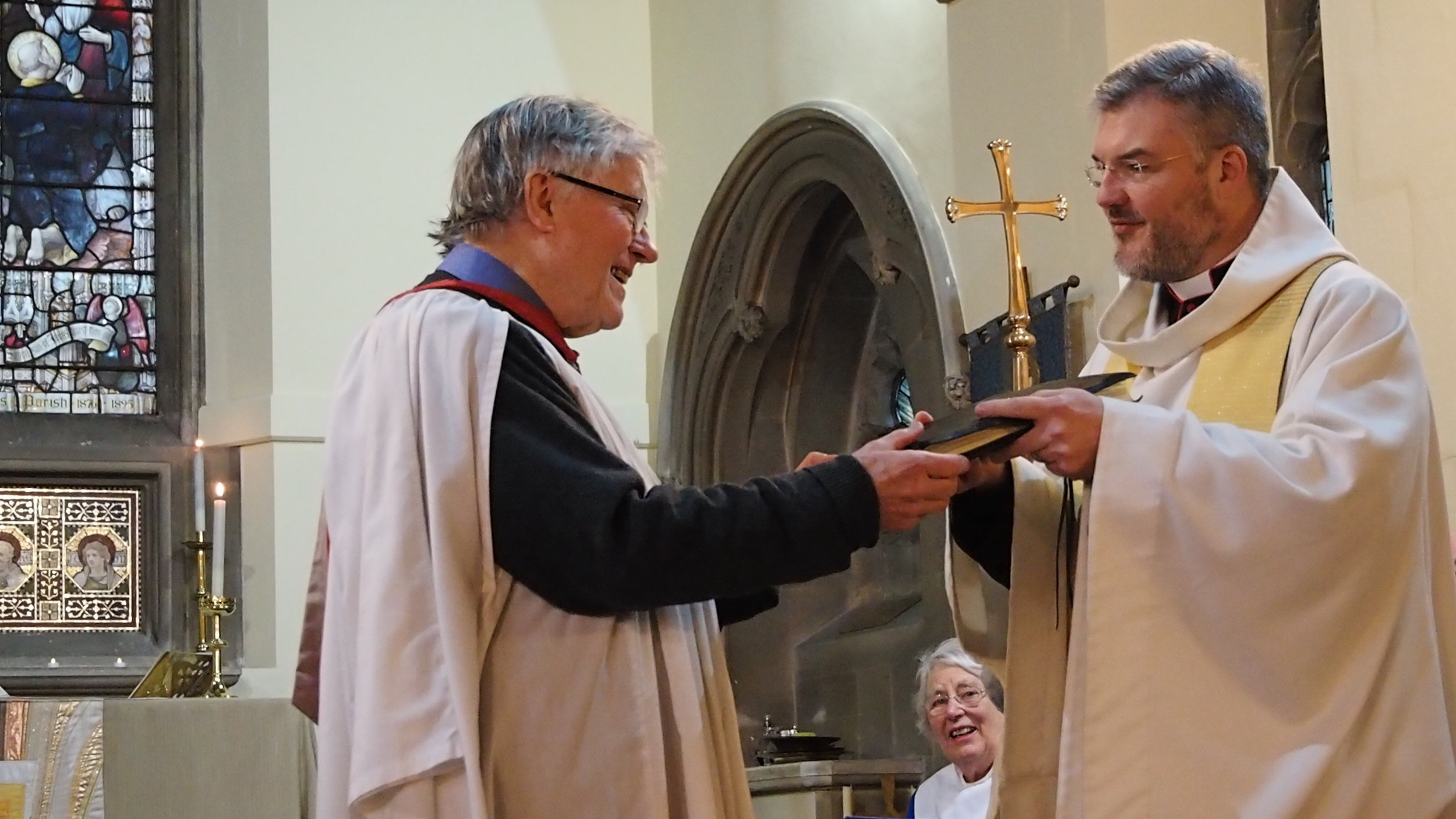 Adrian presents John Cullen with a book marking his years as Director of Music, Sunday January 29th 2017