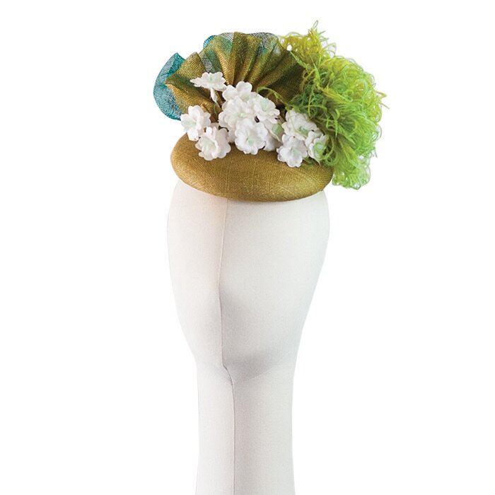 [NEW] Olive green fascinator with small vintage white flowers, straw ombr&eacute; accents and a hand dyed olive green ostrich puff to match.