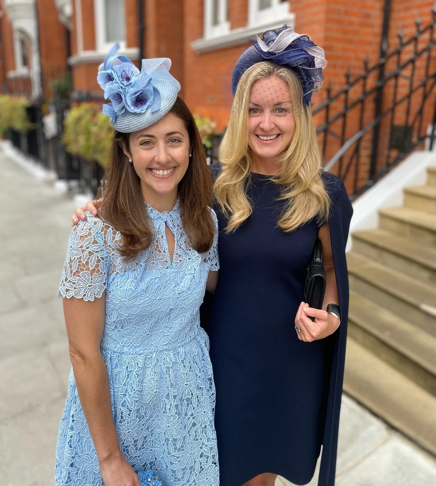 Rachel and Caroline this past July attending a very British wedding at the Abby! Looking so chic wearing custom #mariaetkindmillinery