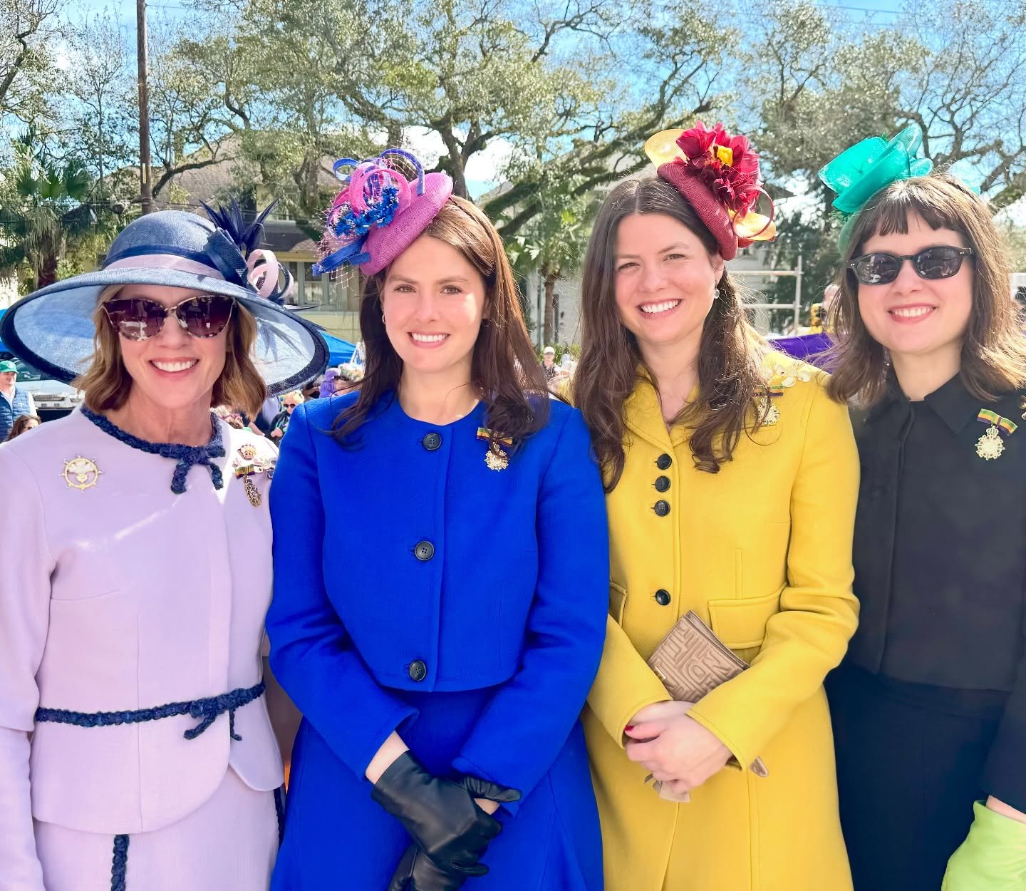 Mardi Gras 2026: Elly @ellyklane and her daughters Caroline, Sarah, and Izzy flaunting handmade hats by #mariaetkindmillinery. Elly&rsquo;s stunning suit was crafted by @counce.yvonne, while the girls rocked suits by @emiliawickstead. #hailrex