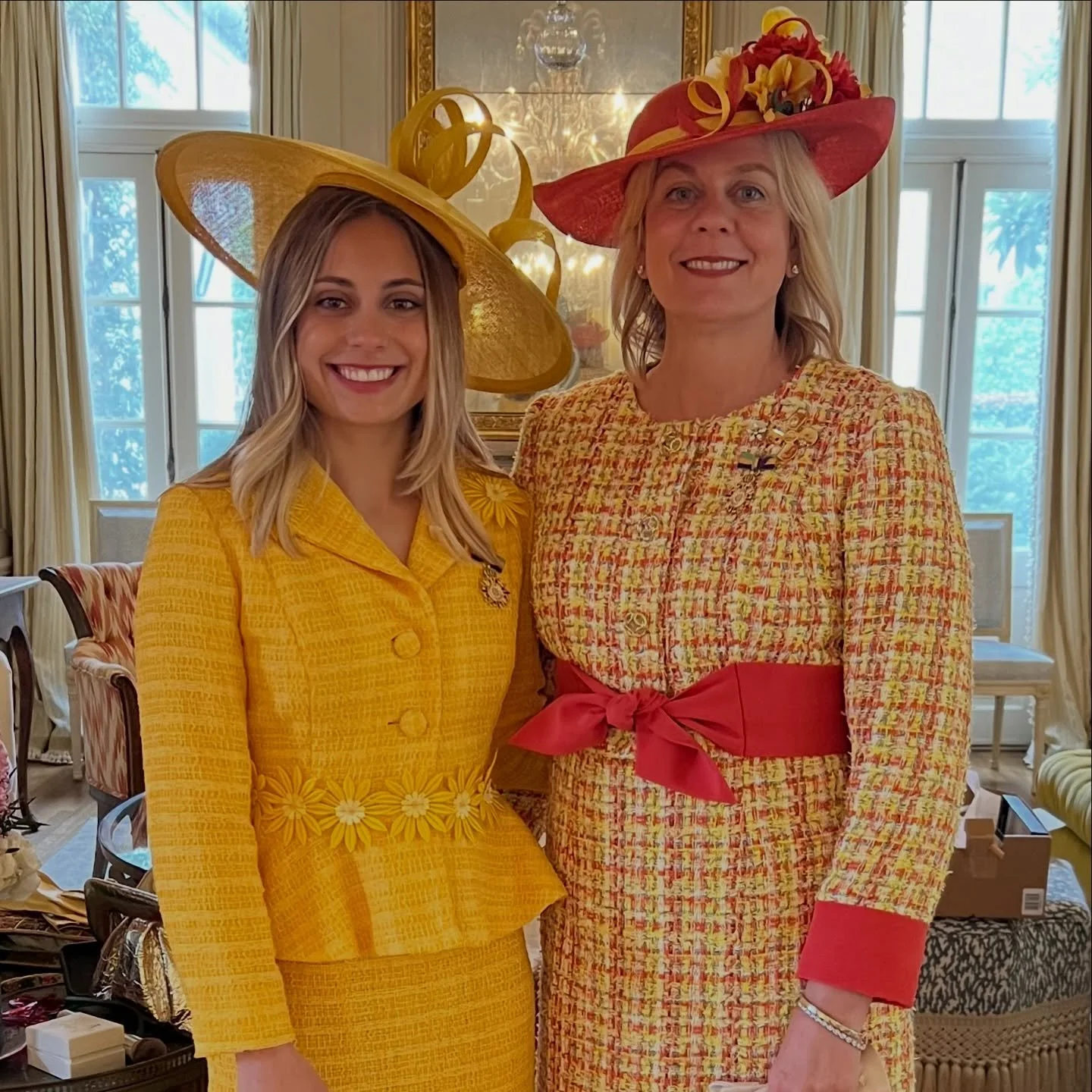 Mardi Gras 2026: Molly and Emma Rose wearing handmade hats by #mariaetkindmillinery and suits by @suzanneperronstpaul