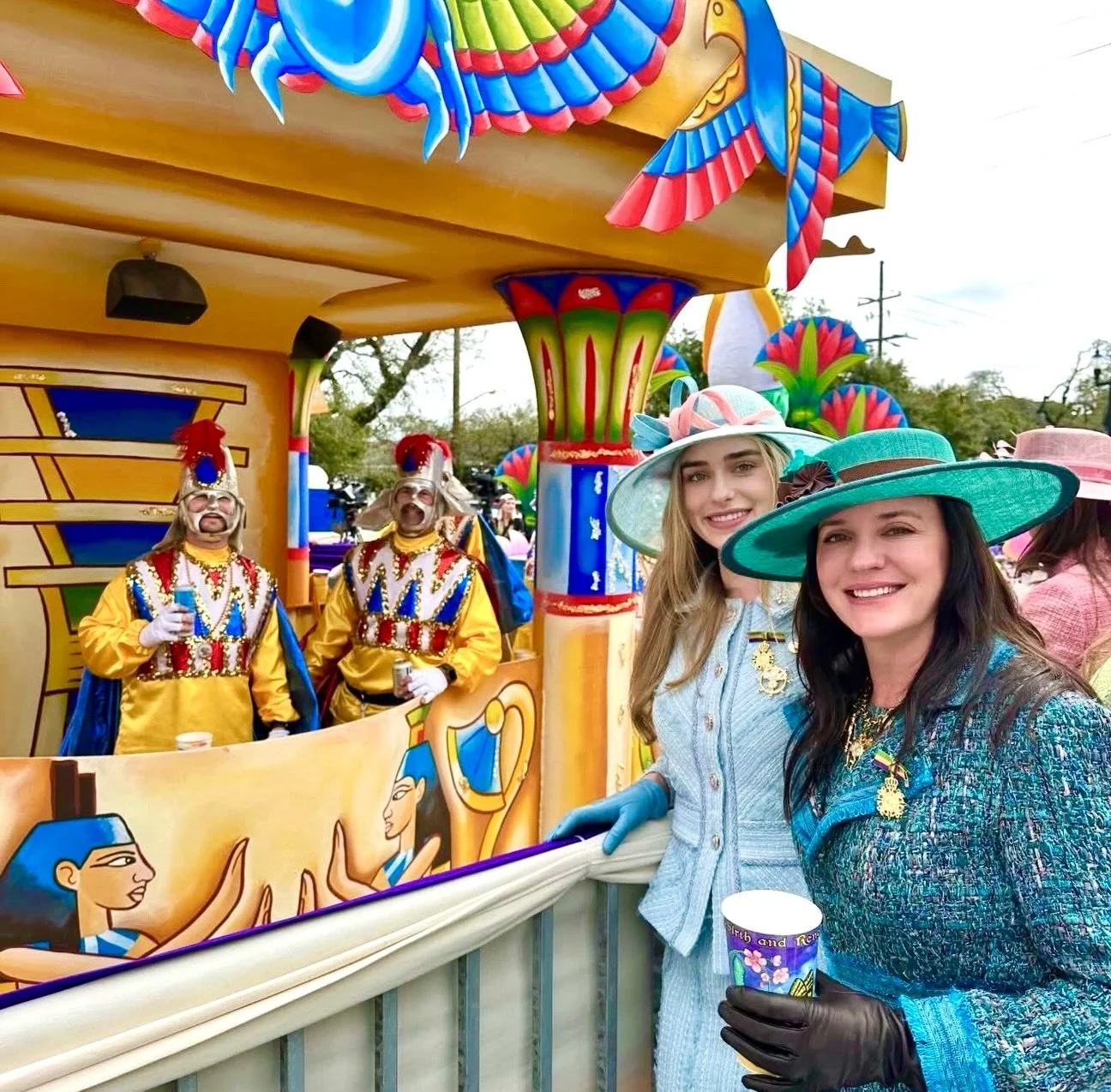 Mardi Gras 2026: Charlotte and Virginia wearing handmade hats by #mariaetkindmillinery suits designed by @suzanneperronstpaul