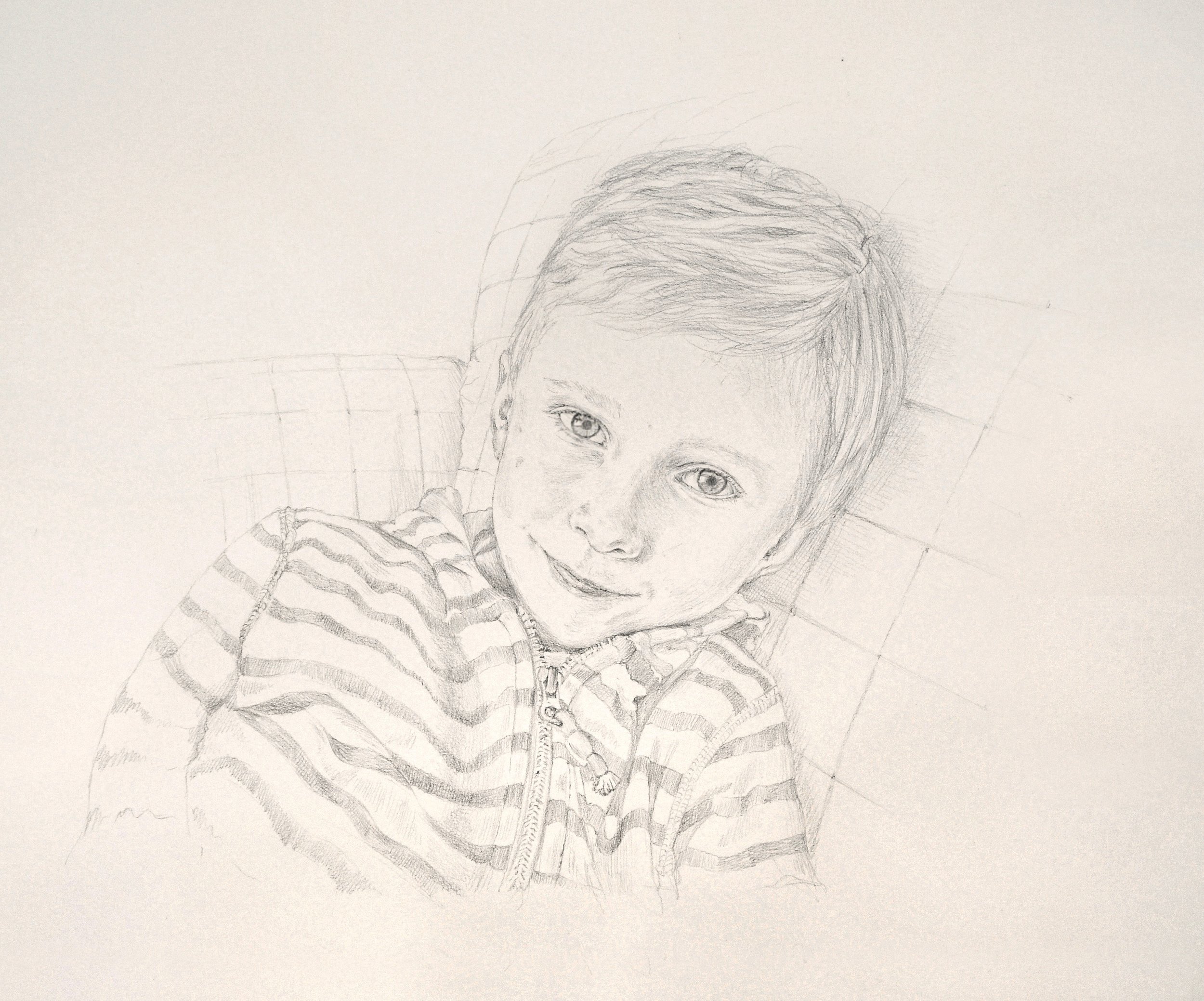 Boy on sofa, pencil on white hand made paper