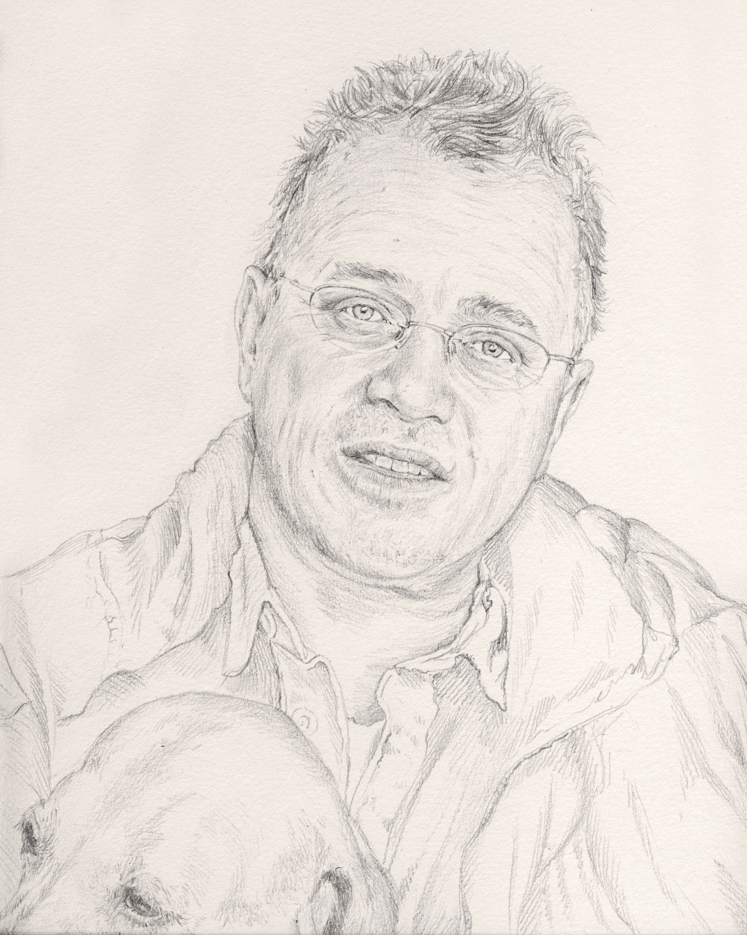 Graeme with dog, pencil on white paper